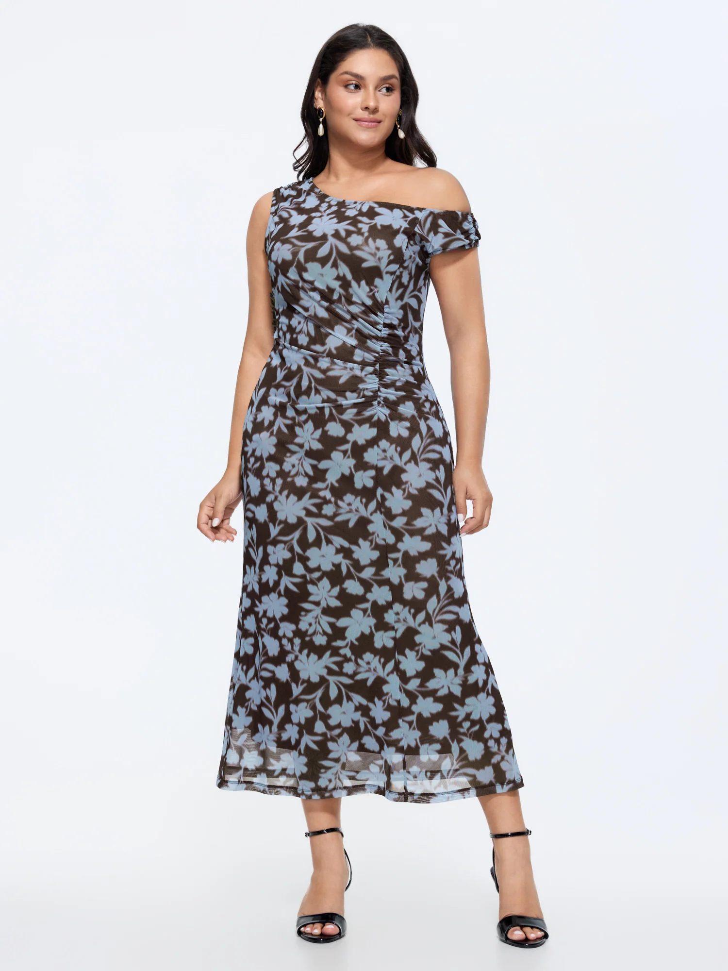 Floral Print Mesh One-Shoulder Midi Dress