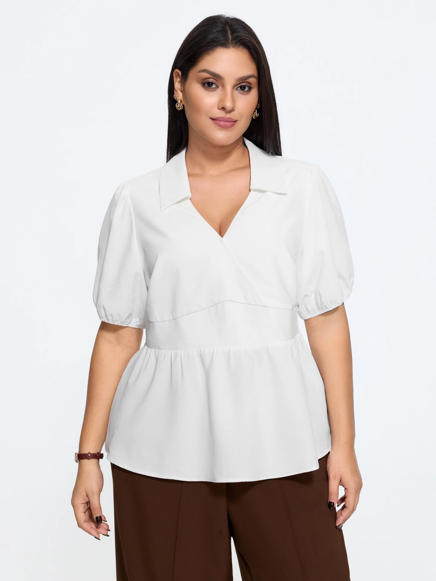 Plain Surplice Neck Shirred Waist Blouse