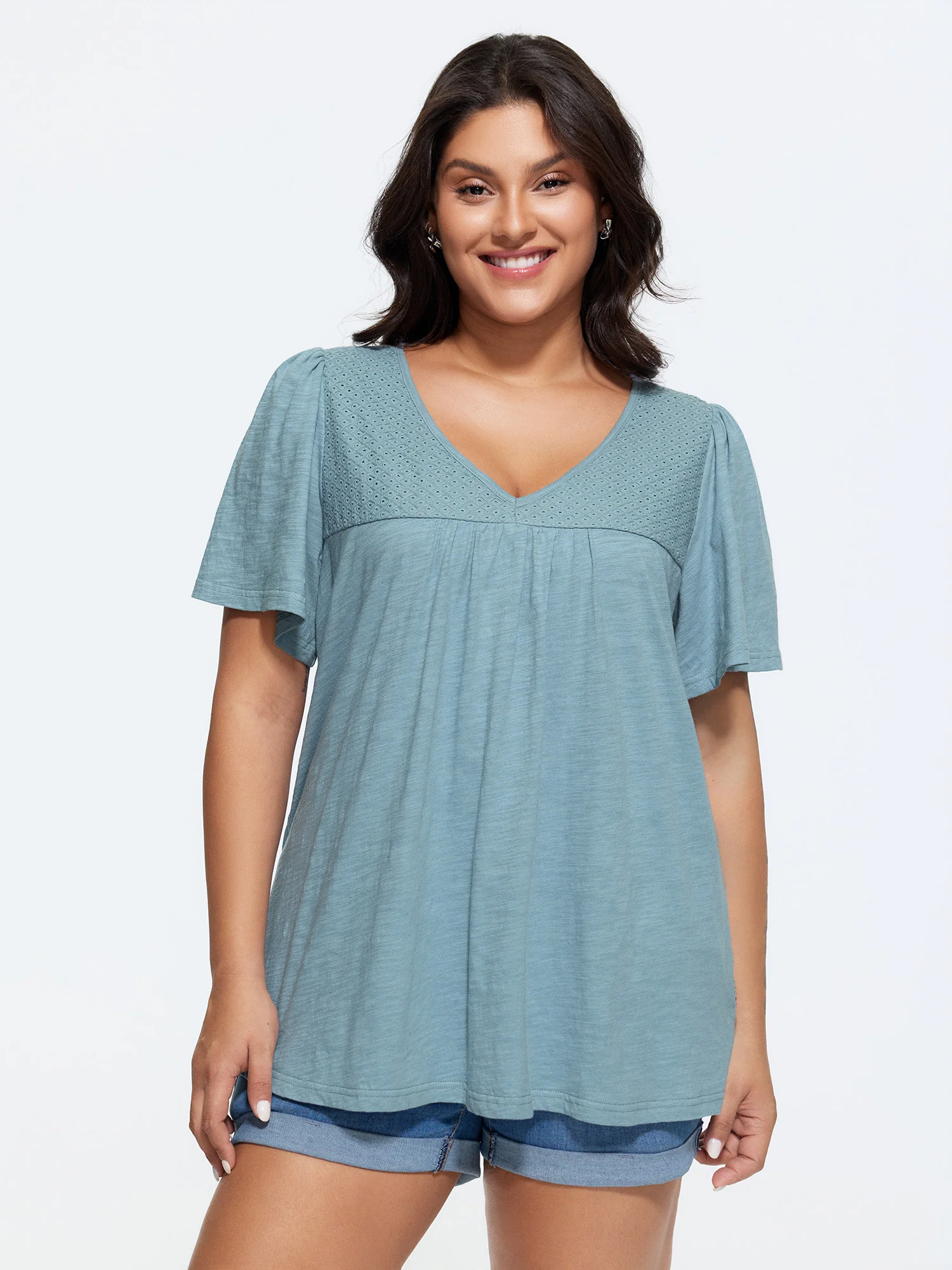 Cotton Ruffled Sleeve V-Neck T-Shirt