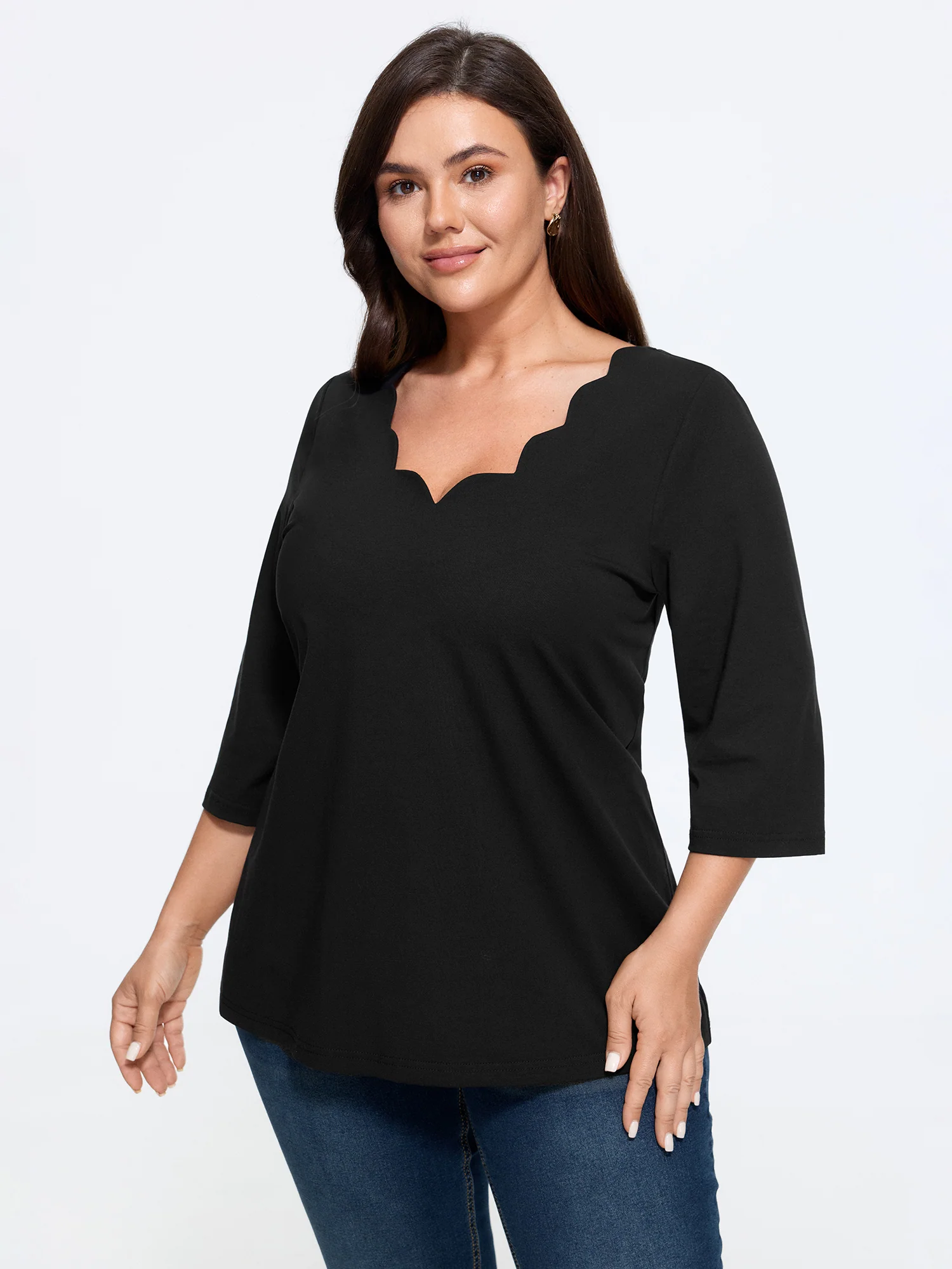 Cotton Wave V Neck Three Quarter Sleeve Knit T Shirt