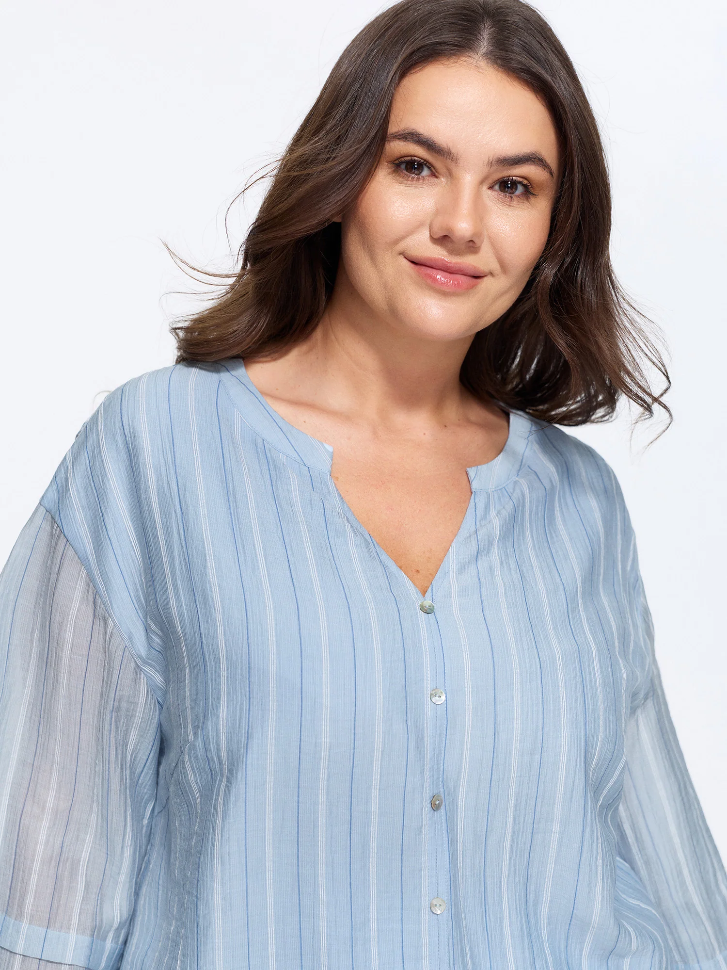 Sheer Striped Print Pleated Sleeve Blouse