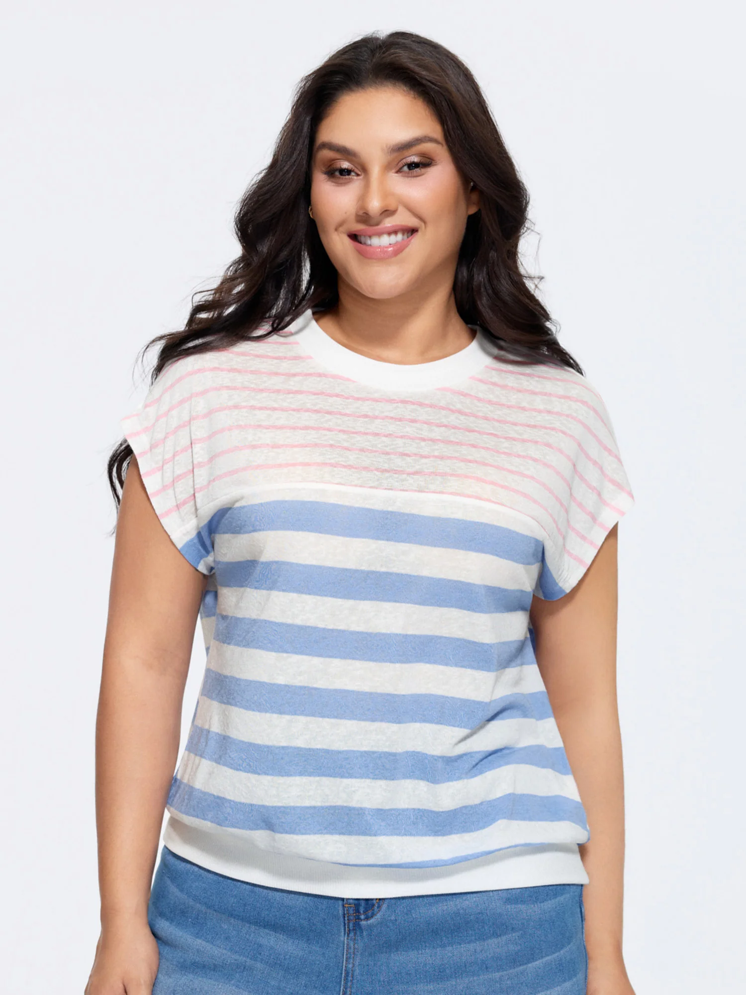 Stretchy Striped Print Mock Neck T-Shirt