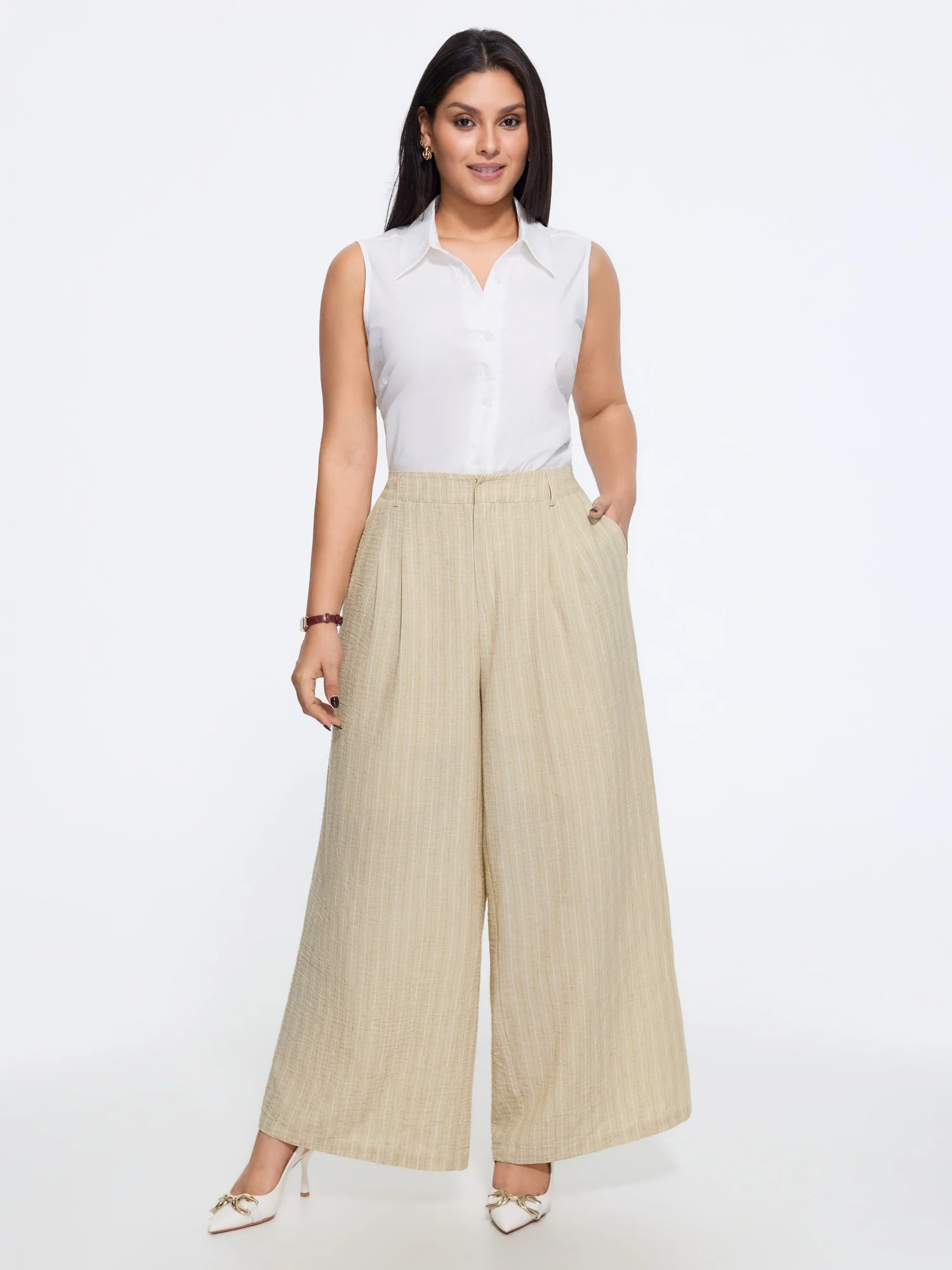 Textured Striped Pleated Wide Leg Pants