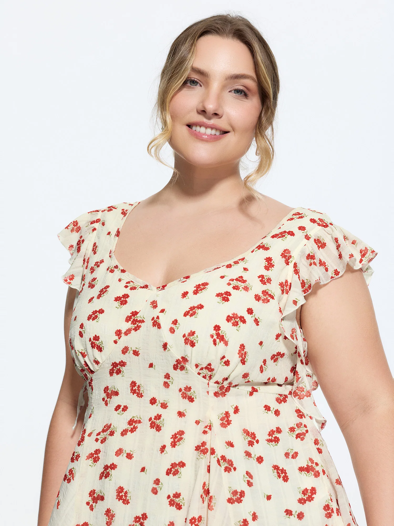 Floral Print Shirred Ruffled Sleeve Tank Top
