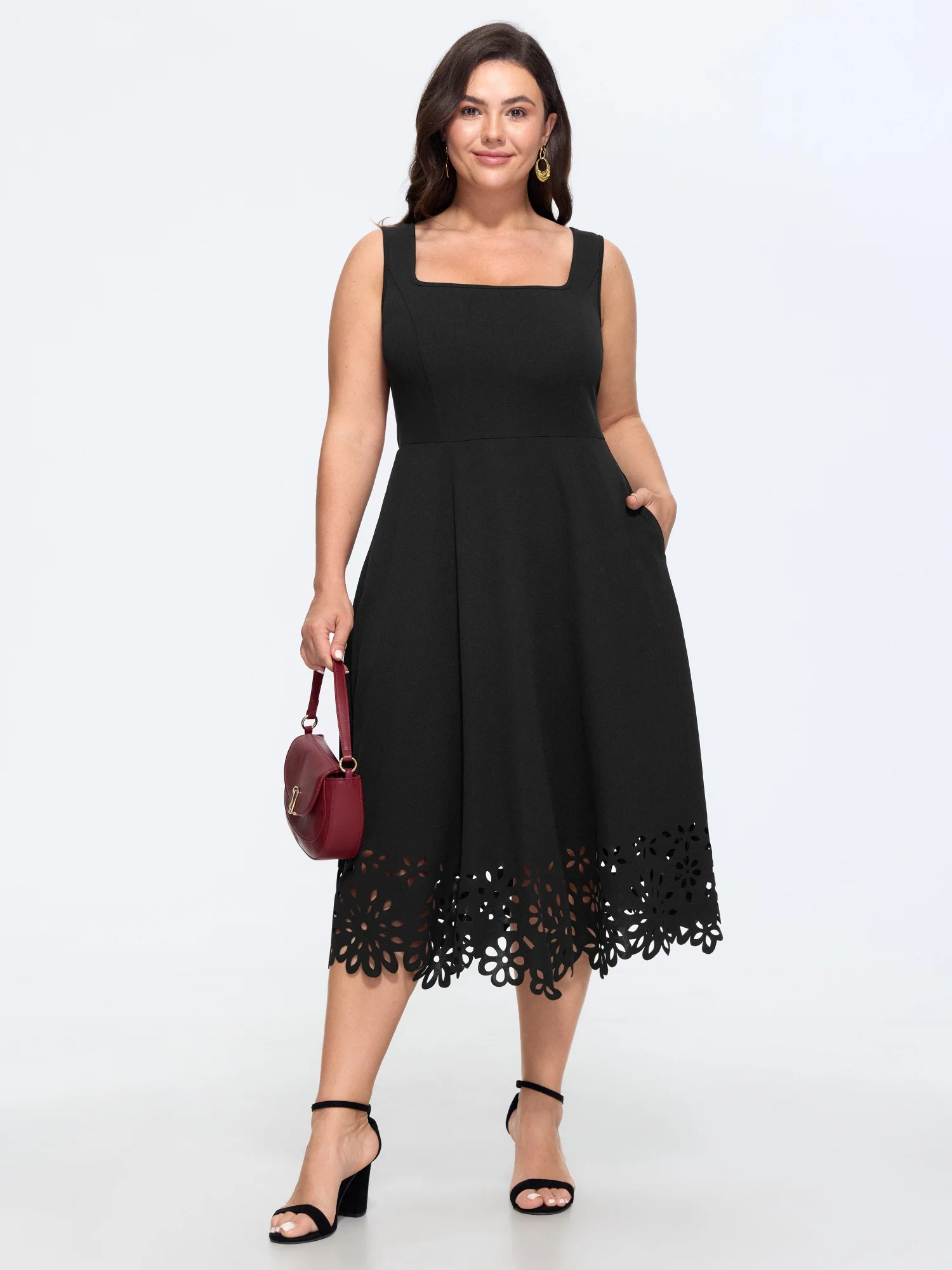 Stretchy Square Neck Floral Laser Cut Hem Midi Dress
