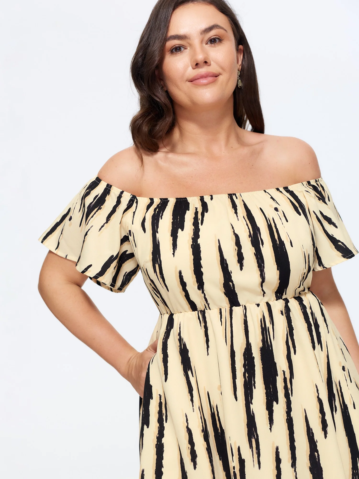 Abstract Print Off Shoulder Side Slit Midi Dress