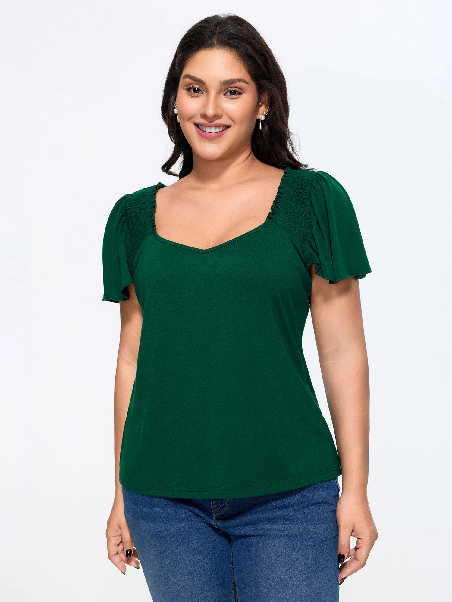 Shirred Ruffled Sleeve Cut-Out Knit Top