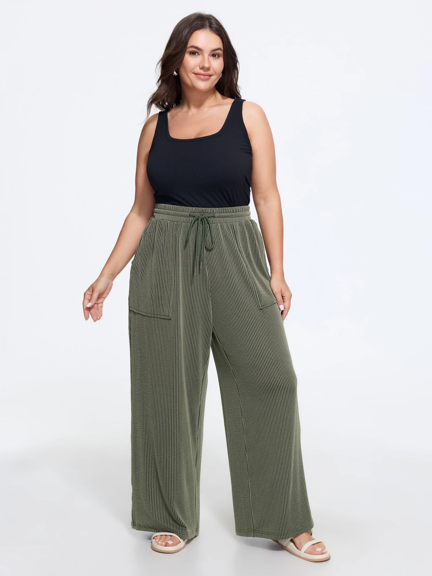 Textured Drawstring Pocket Wide Leg Pants