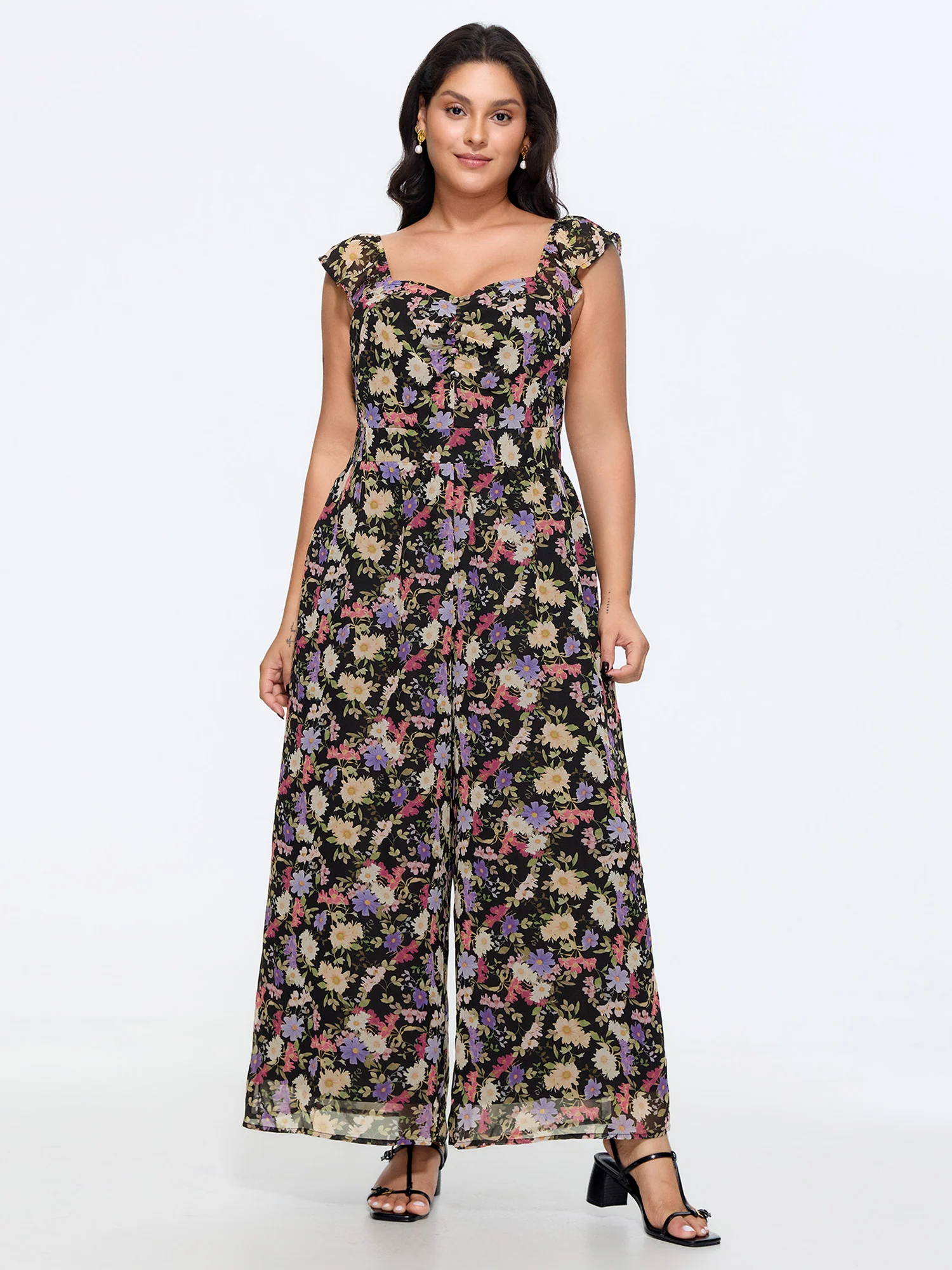 Floral Print Shirred Wide-Leg Jumpsuit