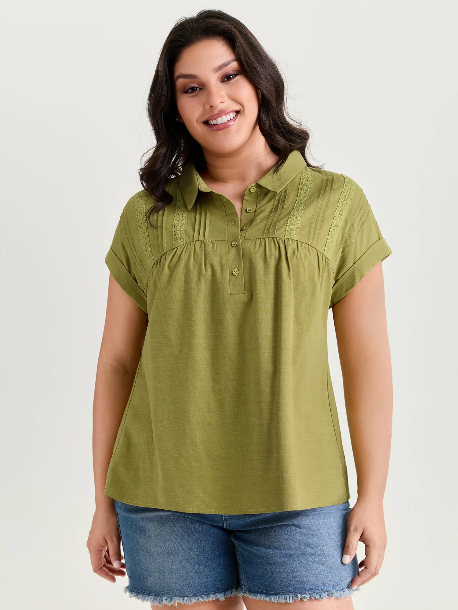 Collared Plain Pleated Half-Placket Blouse