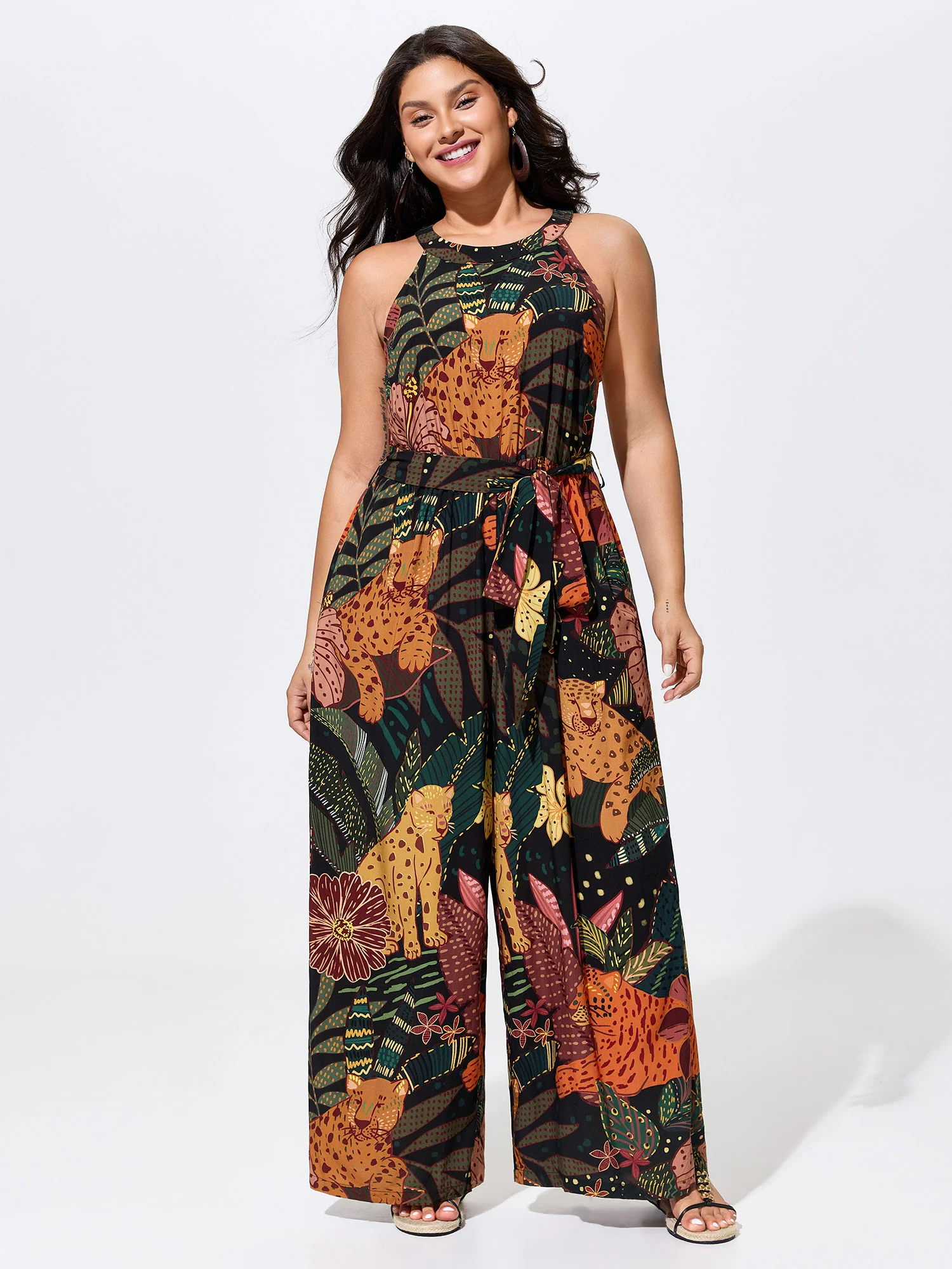 Wild Print Halter Neckline Sleeveless Jumpsuit