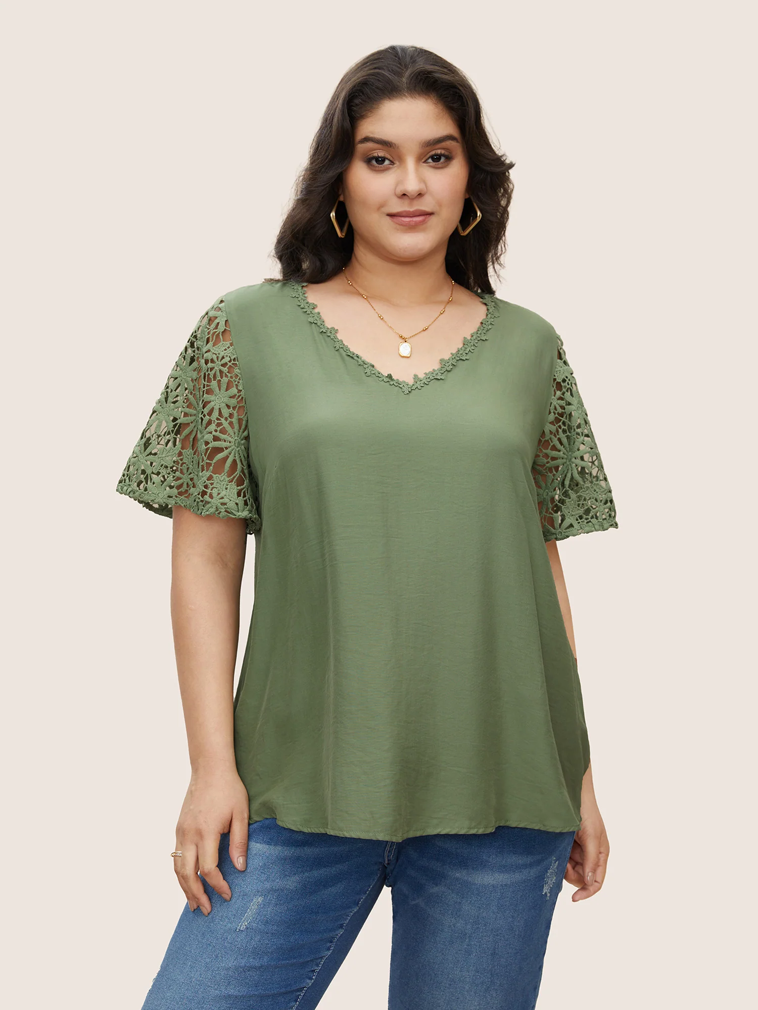 Plain V Neck Floral Patchwork Blouse
