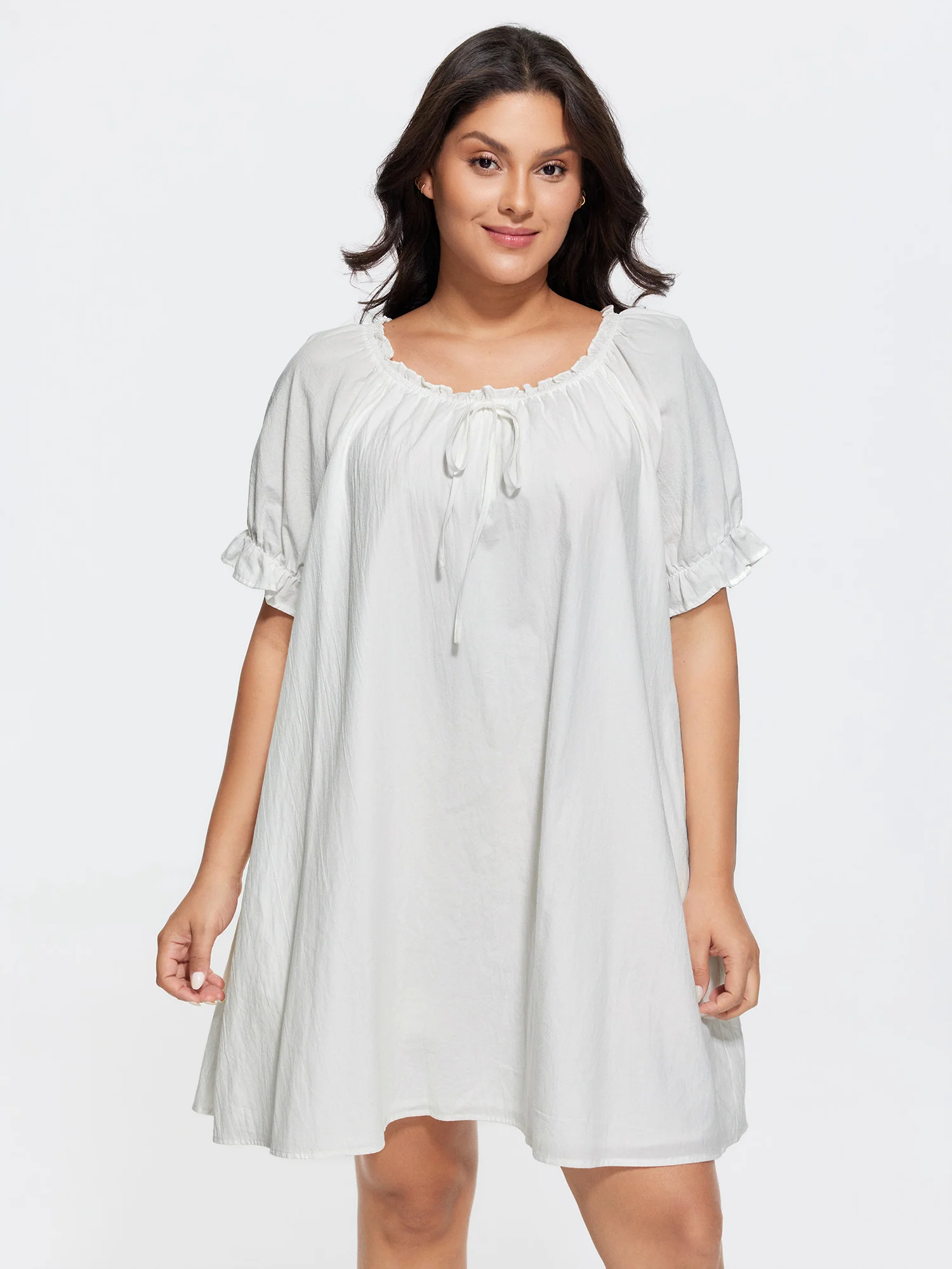 Cotton Plain Stretchy Cuff Sleeve Lounge Dress