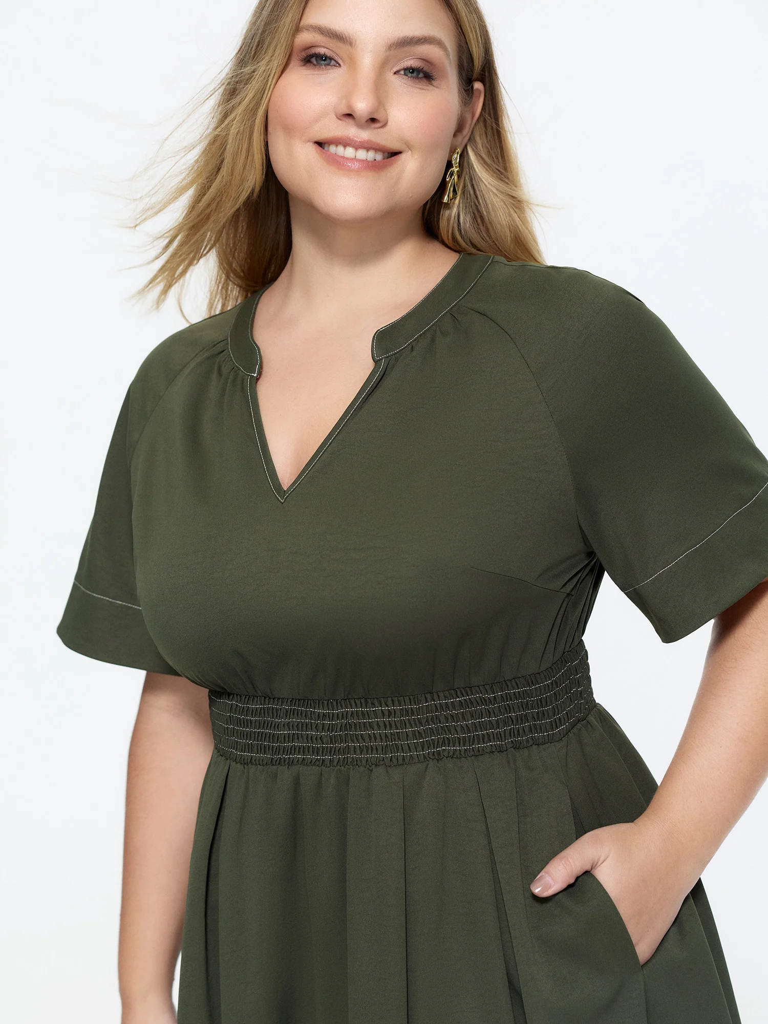 Classic Notched Collar Shirred Midi Dress