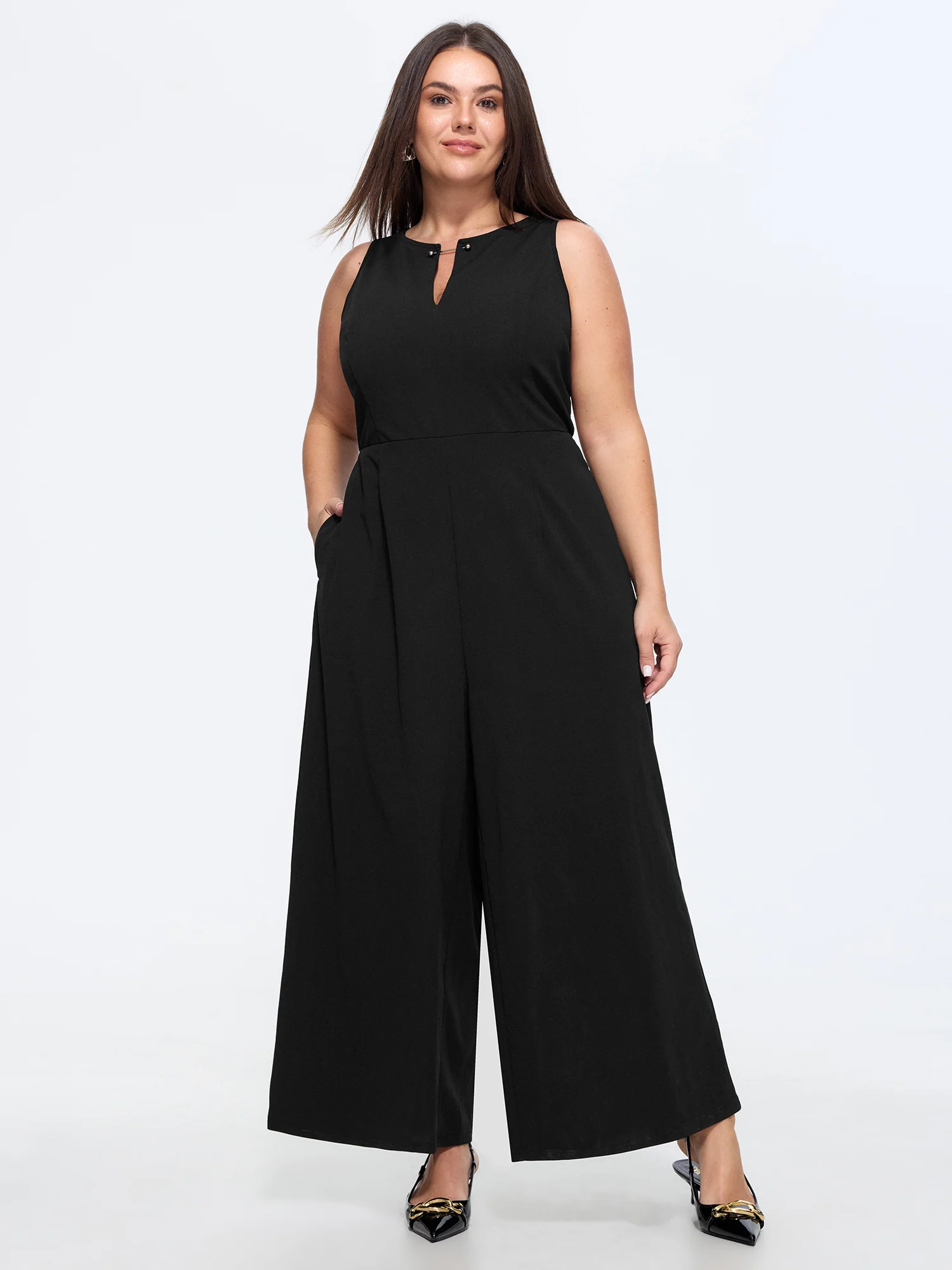 Split Neckline Pockets Sleeveless Jumpsuit
