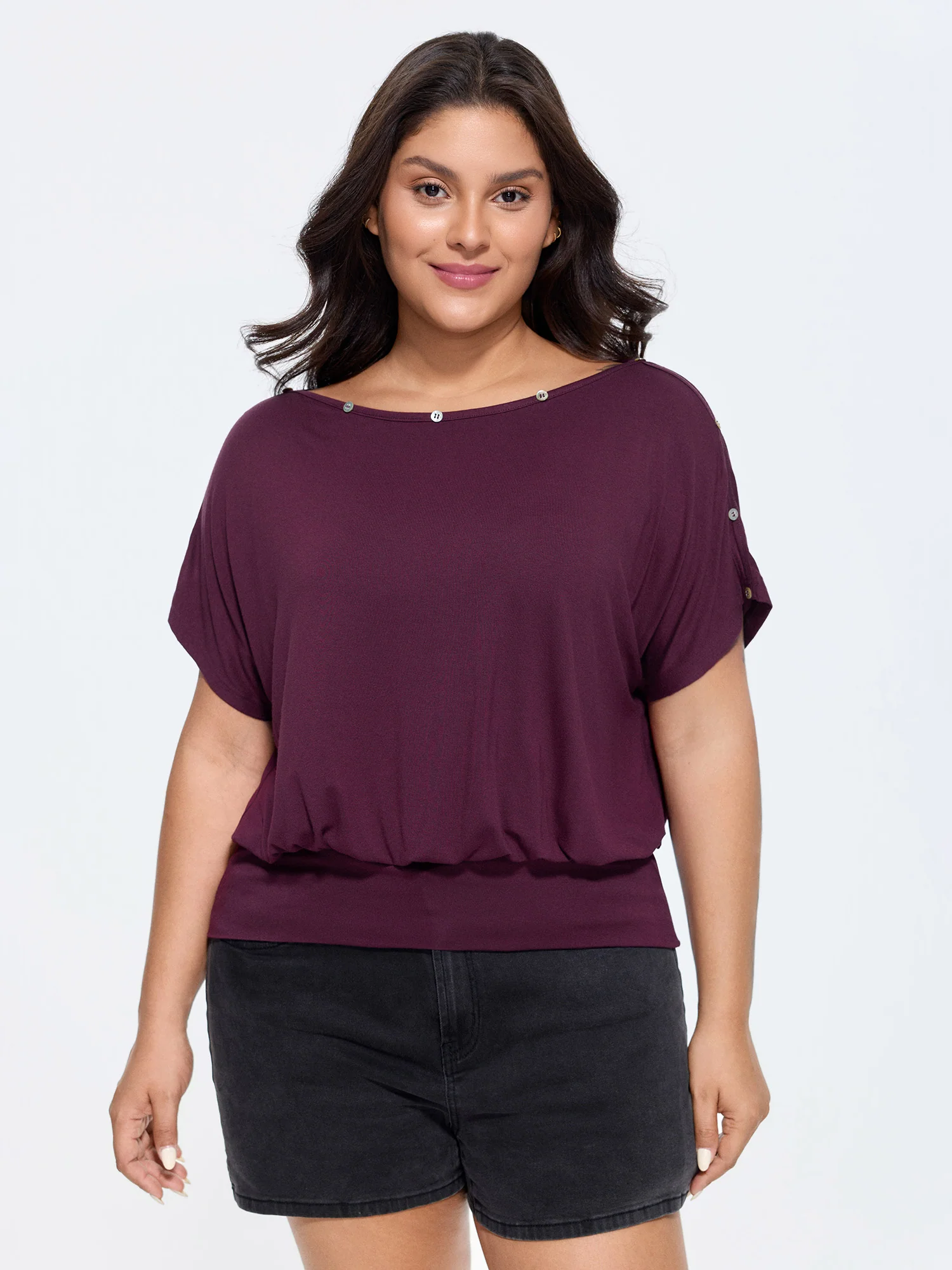 Supersoft Stretchy Button Off-Shoulder Plain T-Shirt