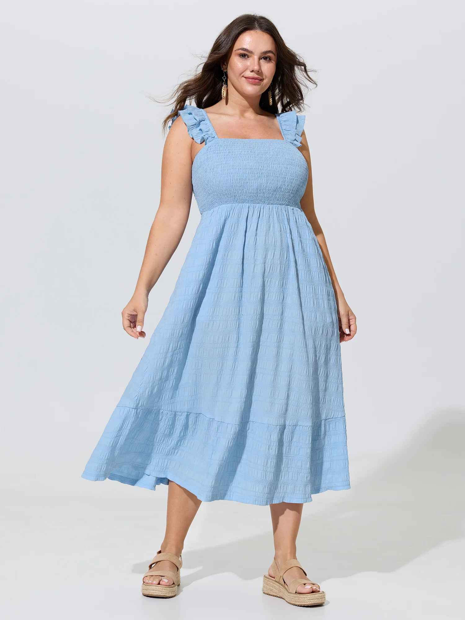 Shirred Bodice Ruffled Straps Flowy Midi Dress