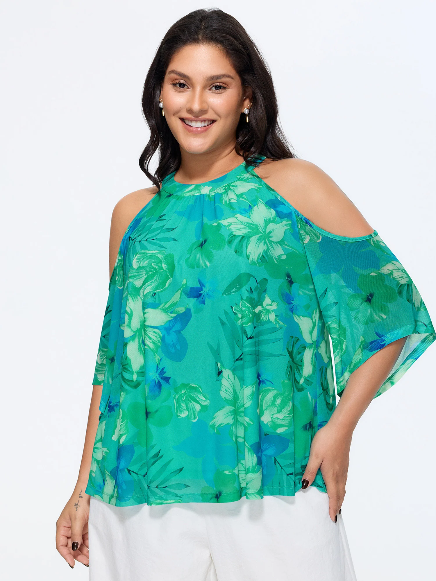 Stretchy Floral Print Cold-Shoulder Blouse