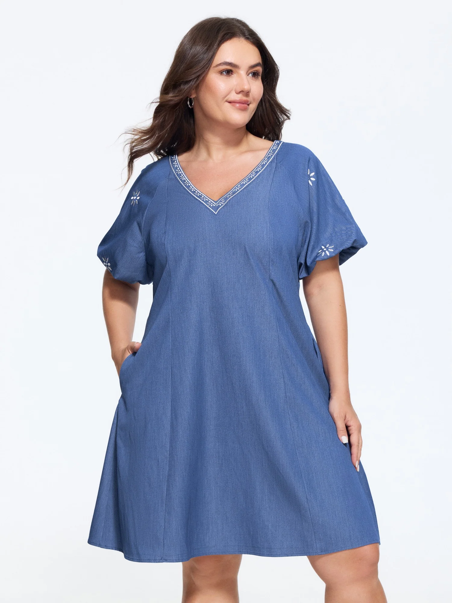 Supersoft Floral Embroidery V Neck Faux Denim Mini Dress