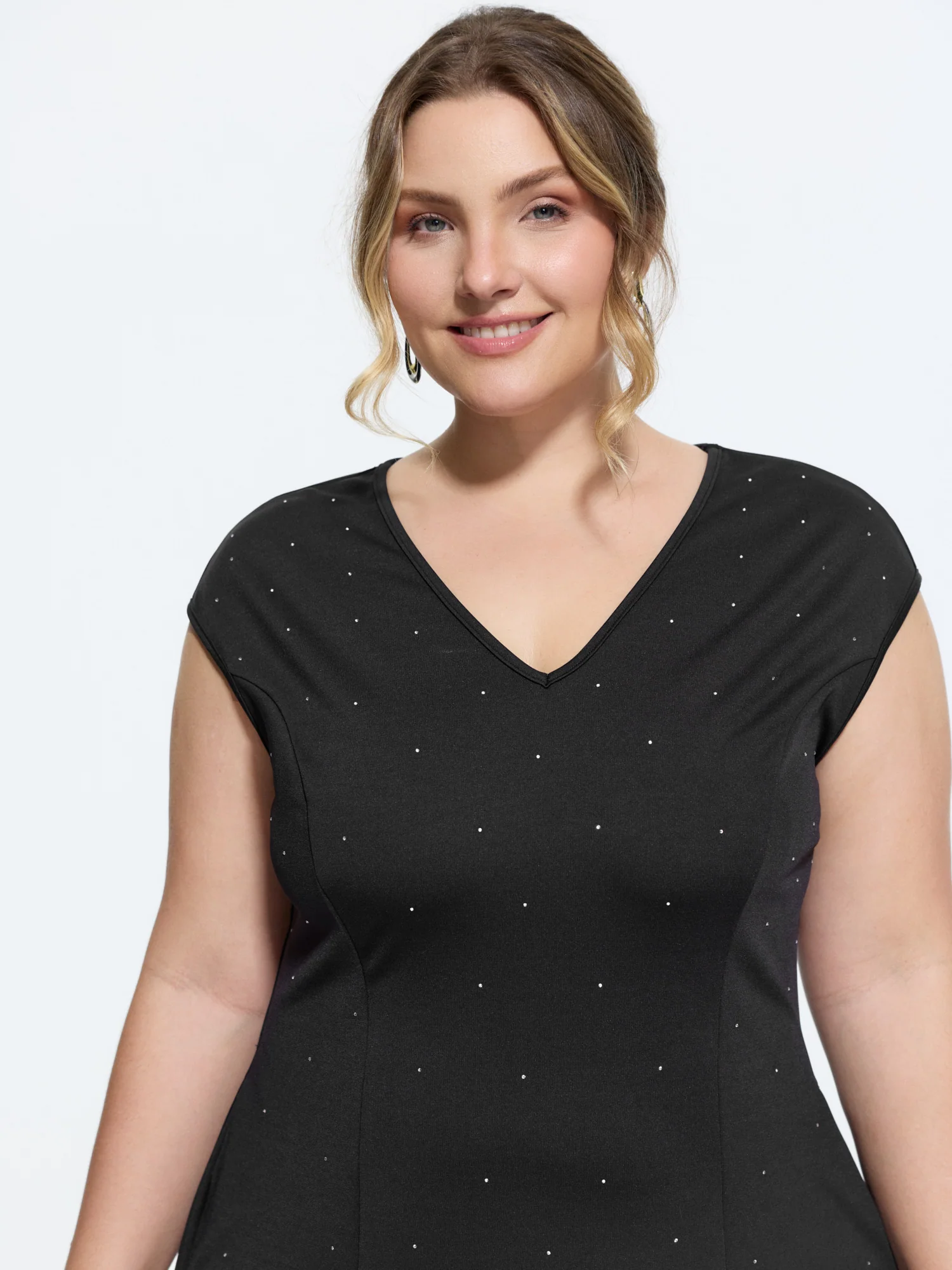 Stretchy Rhinestone V-Neck Midi Dress