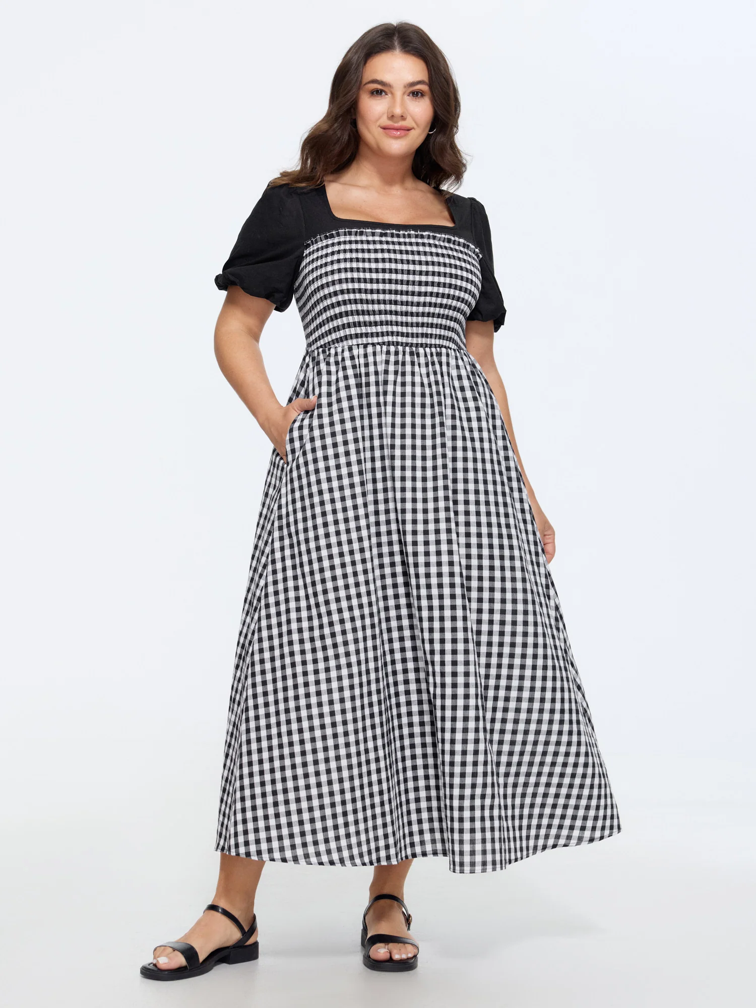 Cotton Gingham Print Color Contrast Midi Dress