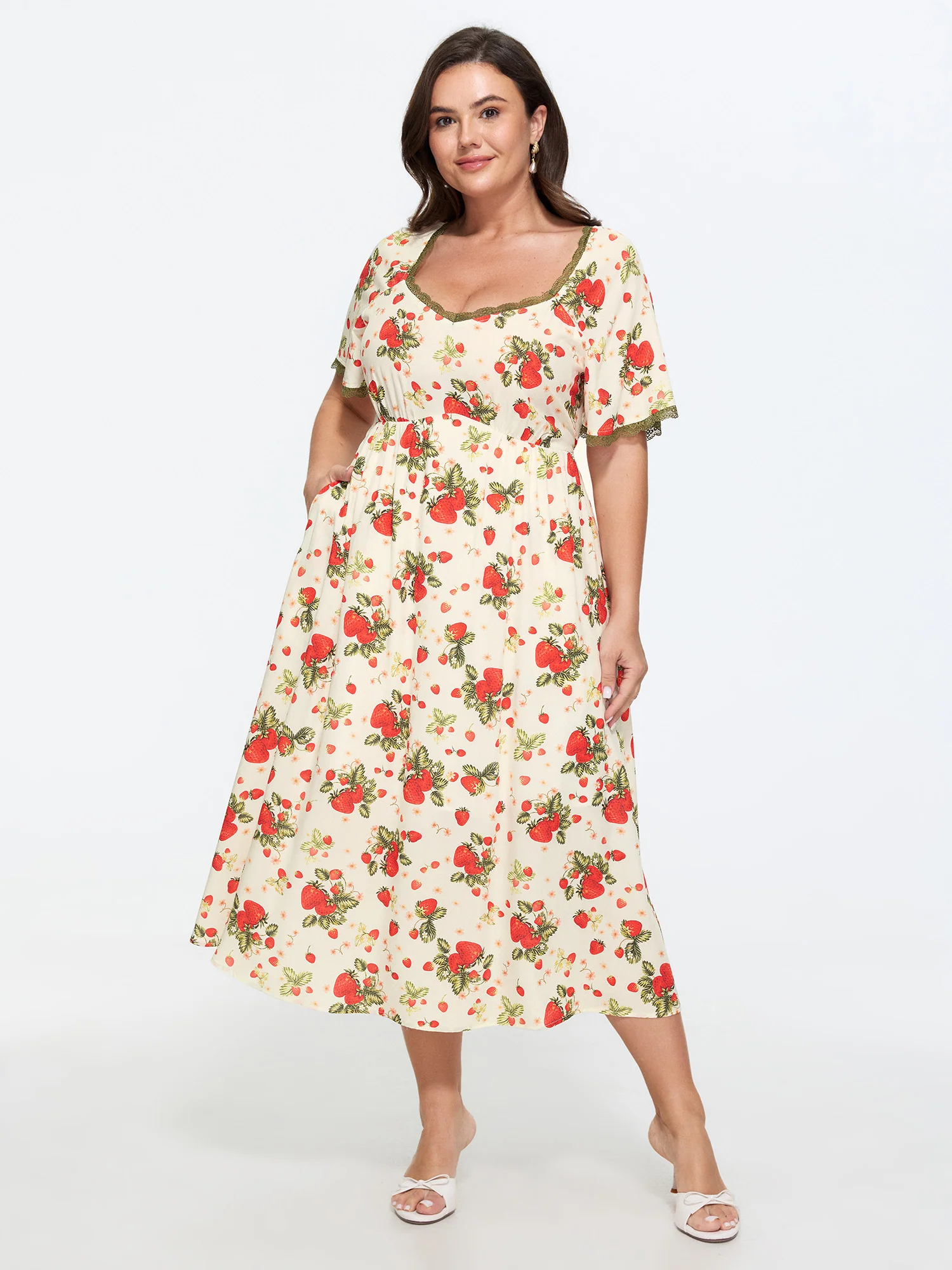Strawberry Print Lace Detail Pockets Midi Dress
