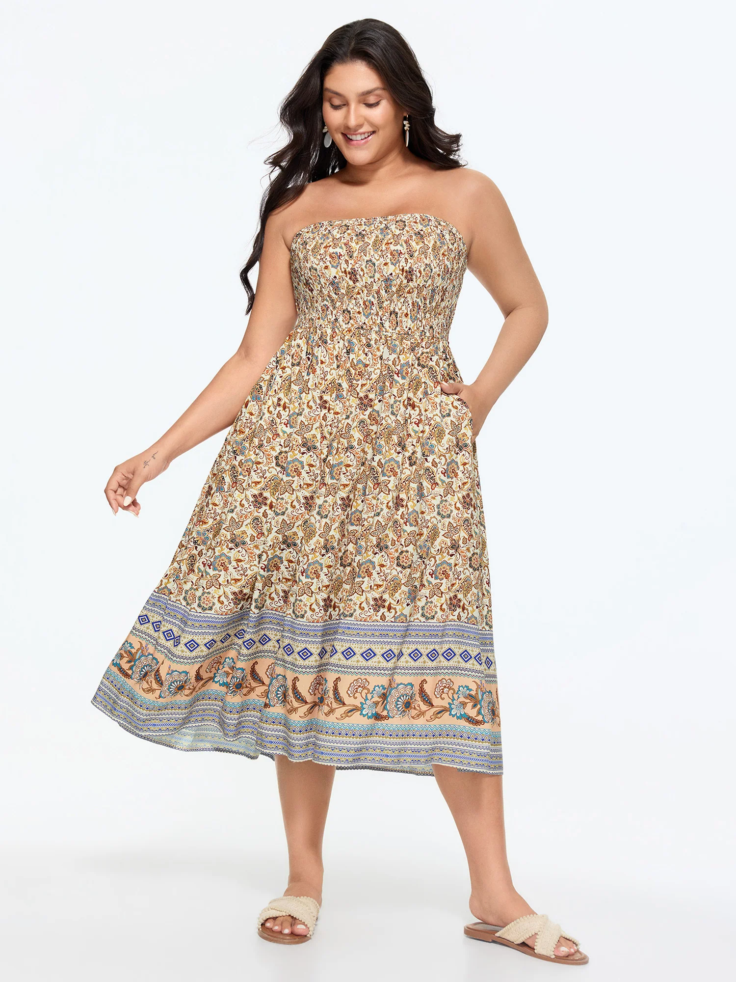 Floral Print Off-Sleeves Color Contrast Midi Dress