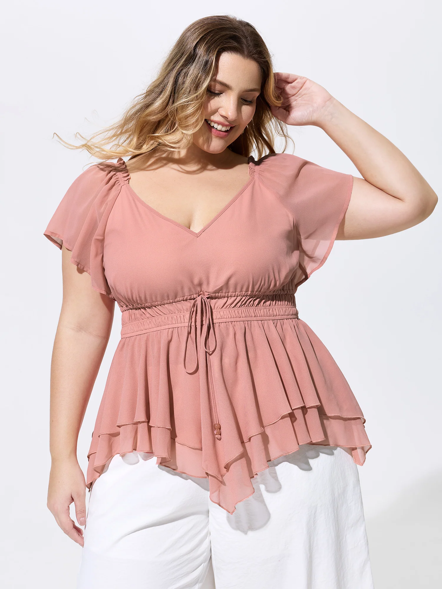 Shirred Waist Layered Ruffled Hem Blouse