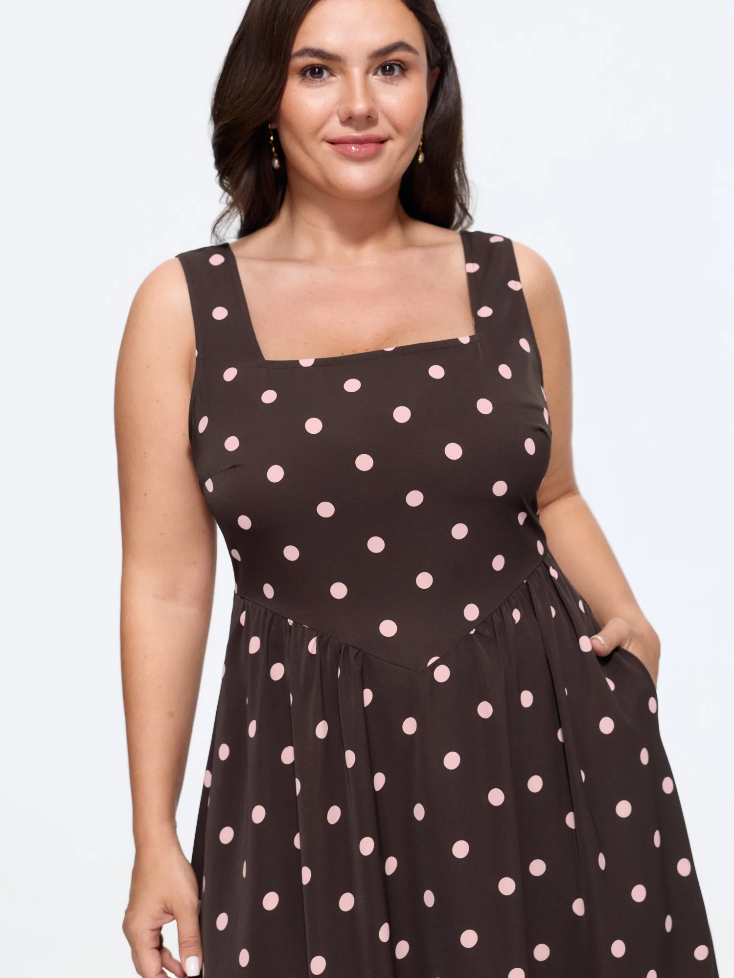 Polka Dot Print Square Neck Sleeveless Midi Dress