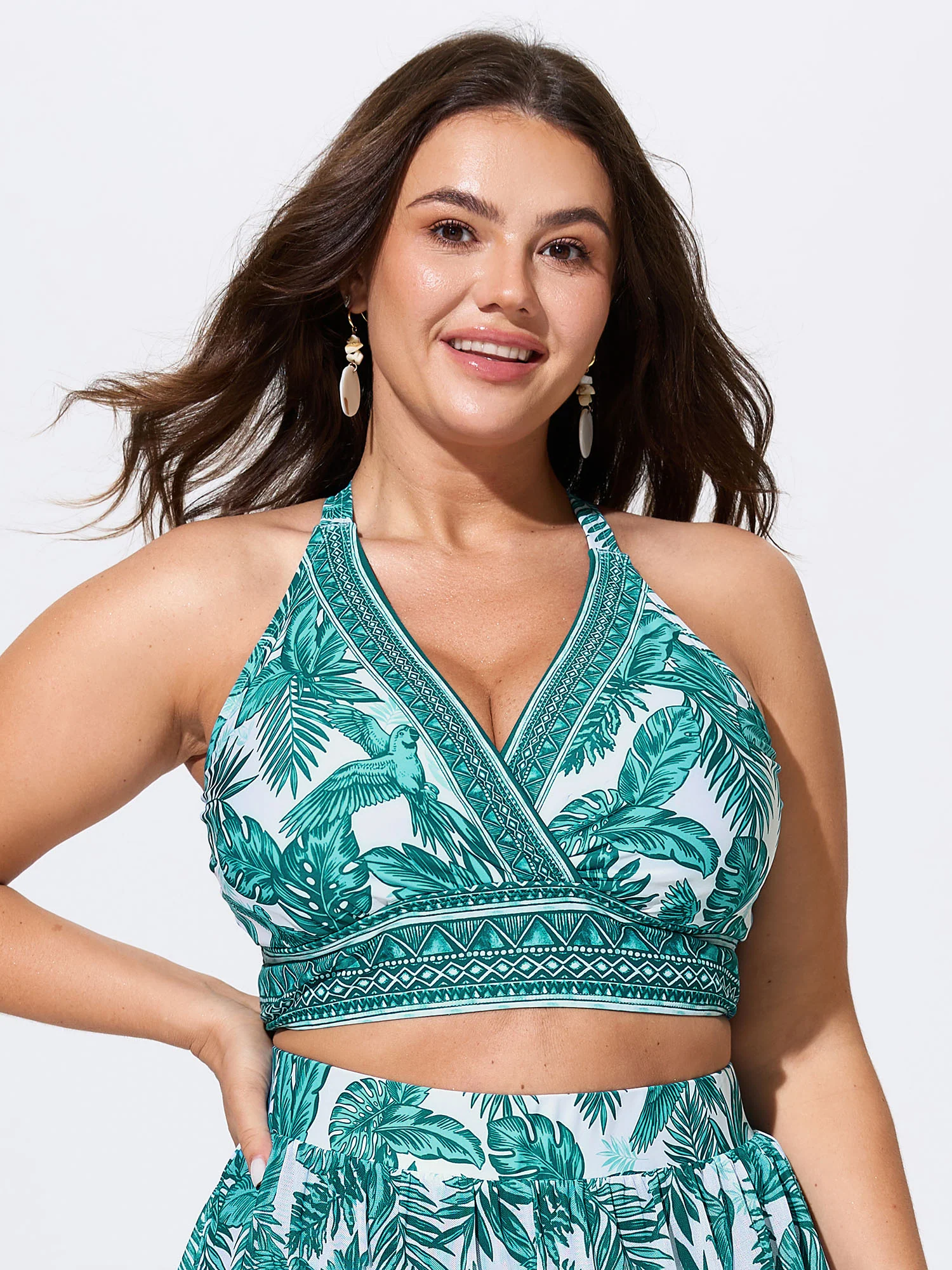 Tropical Print Surplice Neckline Swim Top