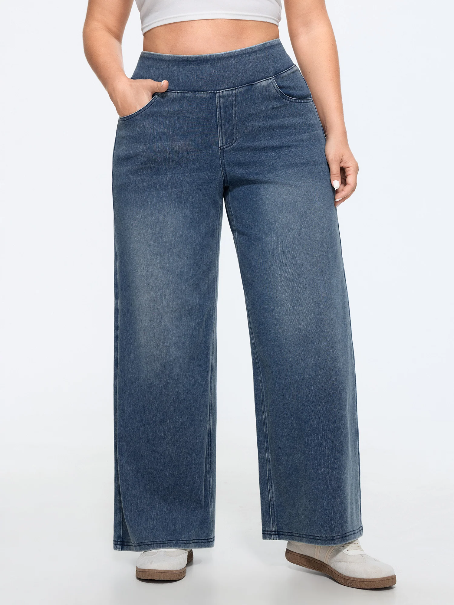 Stretchy Pull-On Wide-Leg Jeans