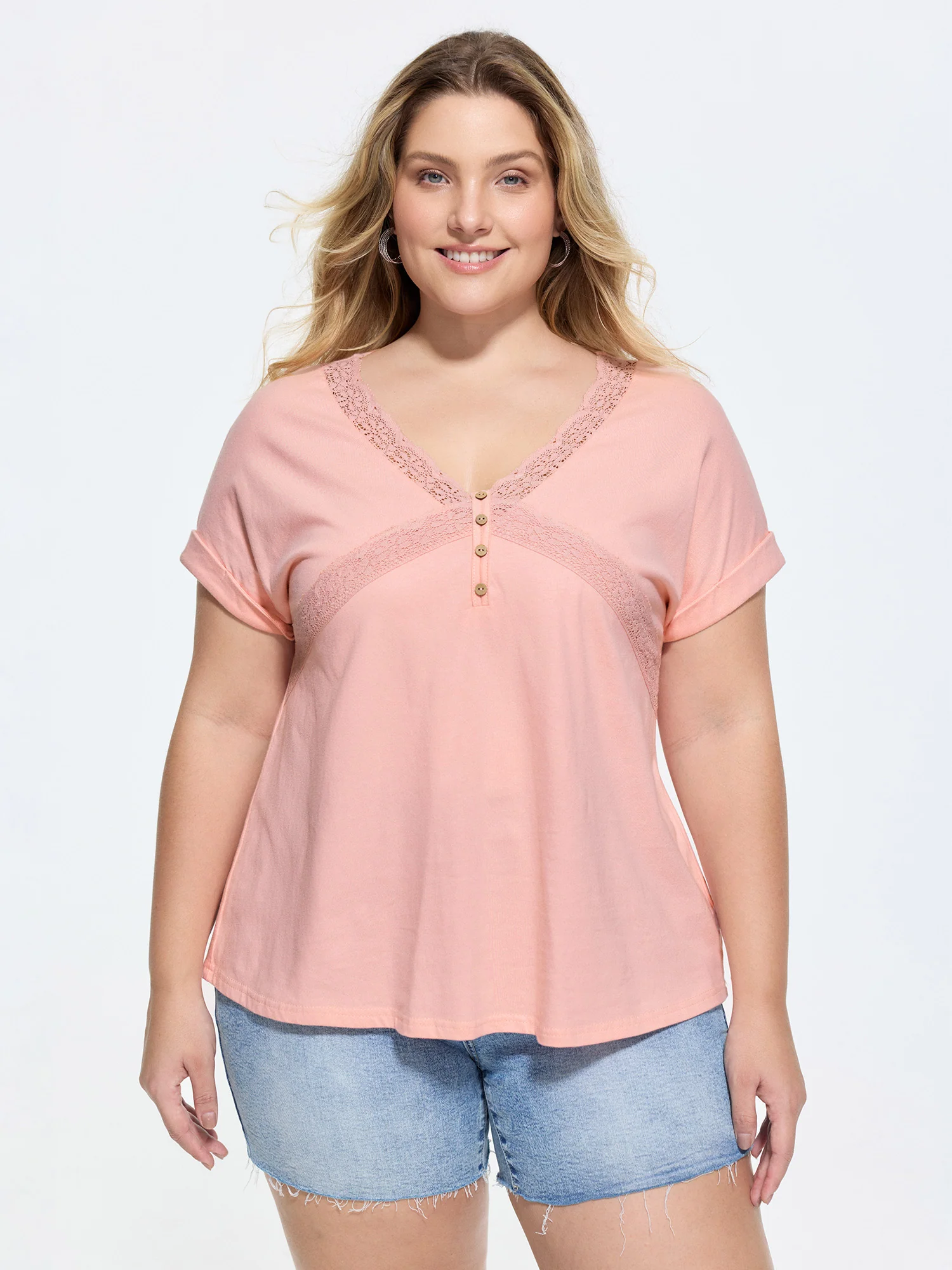 Cotton Lace Neckline Sheer T-Shirt