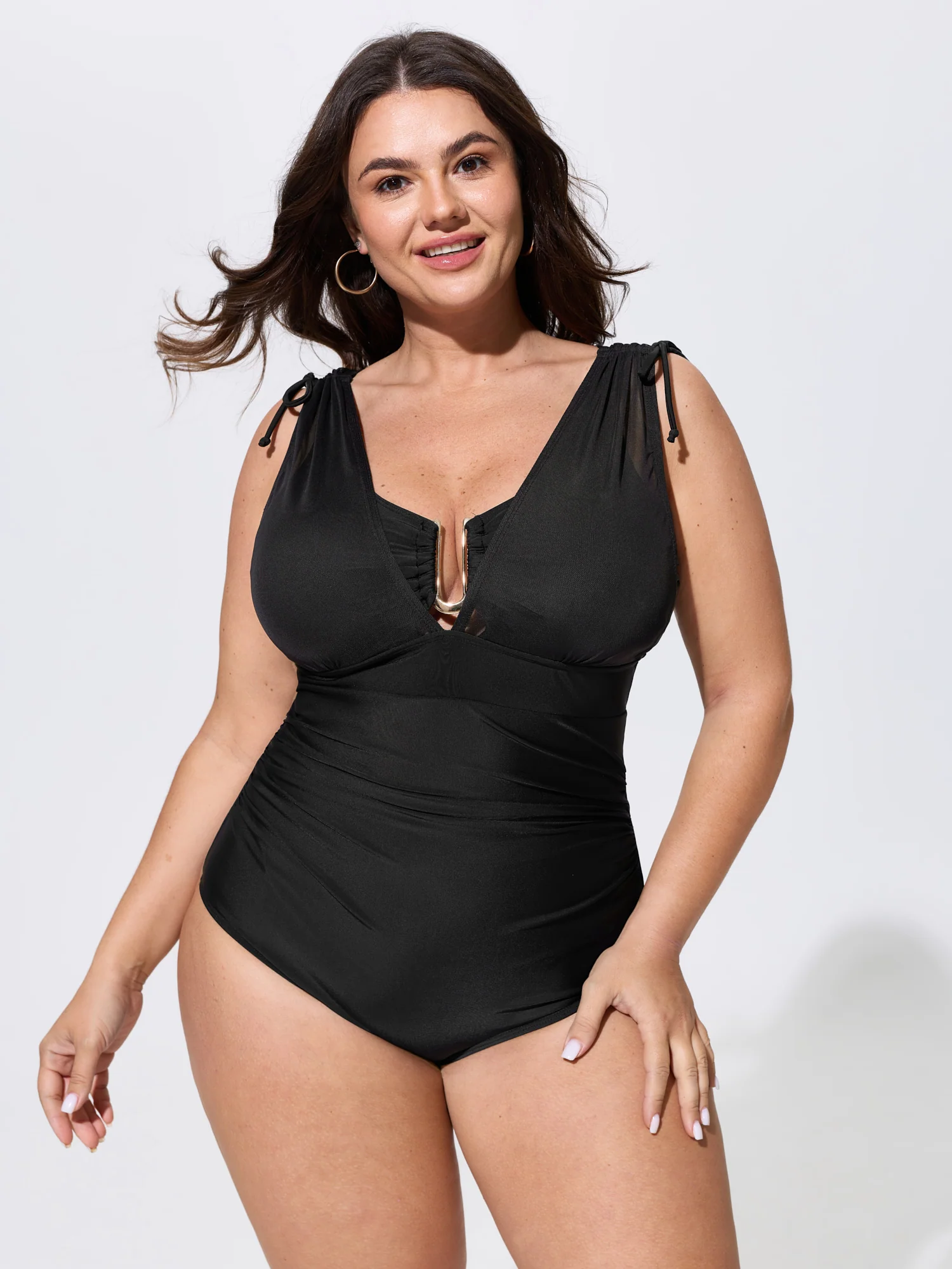 Adjustable Shoulder-Tie Ruched One-Piece Swim