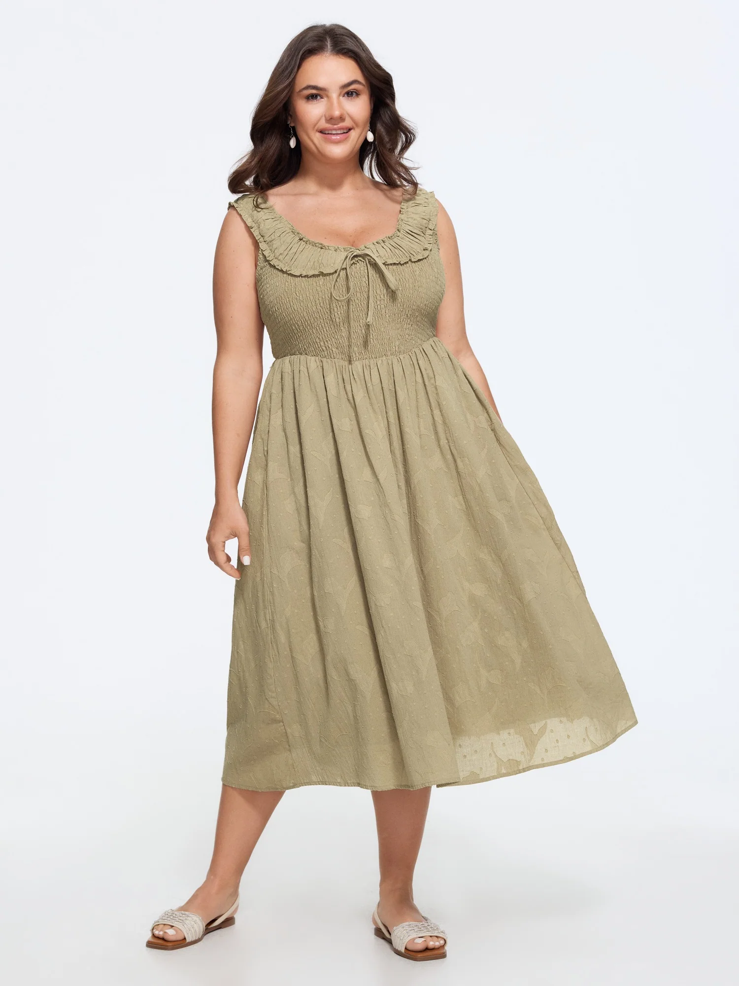 Cotton Textured Shirred Bodice Midi Dress
