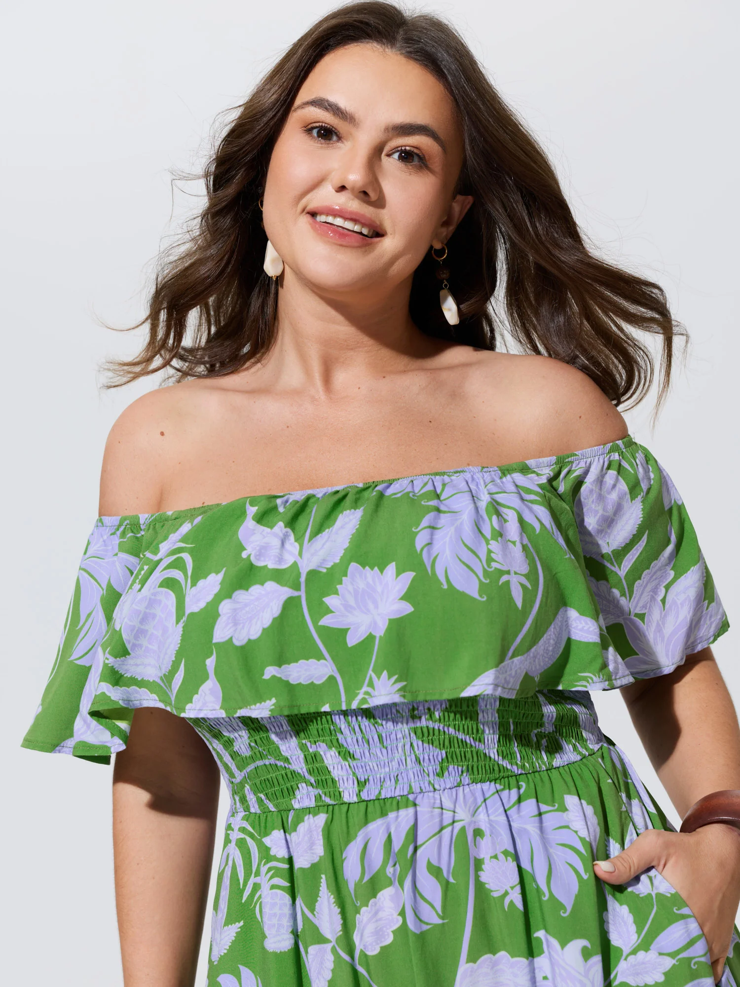Floral Print Shirred Off-Shoulder Midi Dress