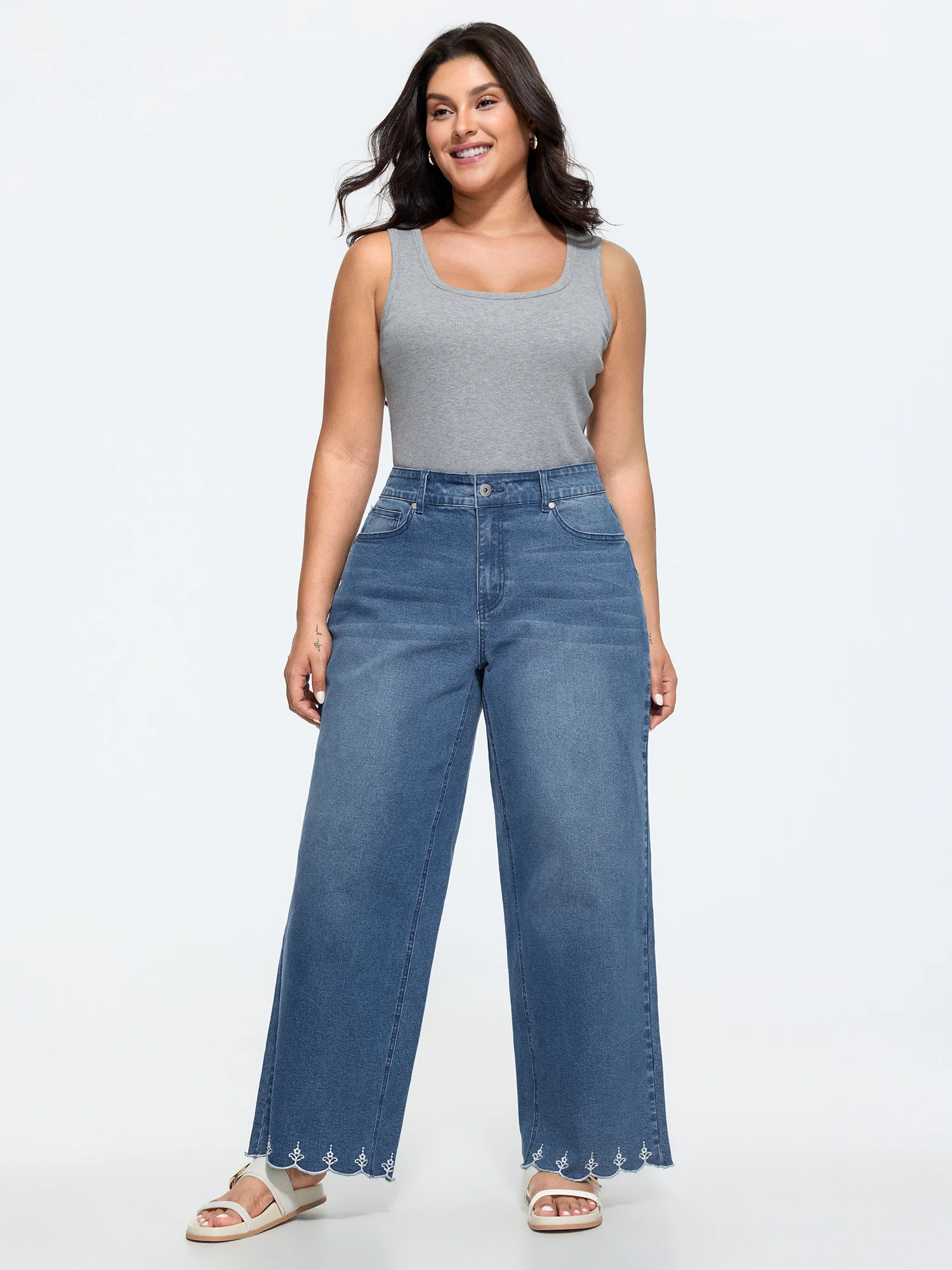 Stretchy Embroidered Hem Wide-Leg Jeans