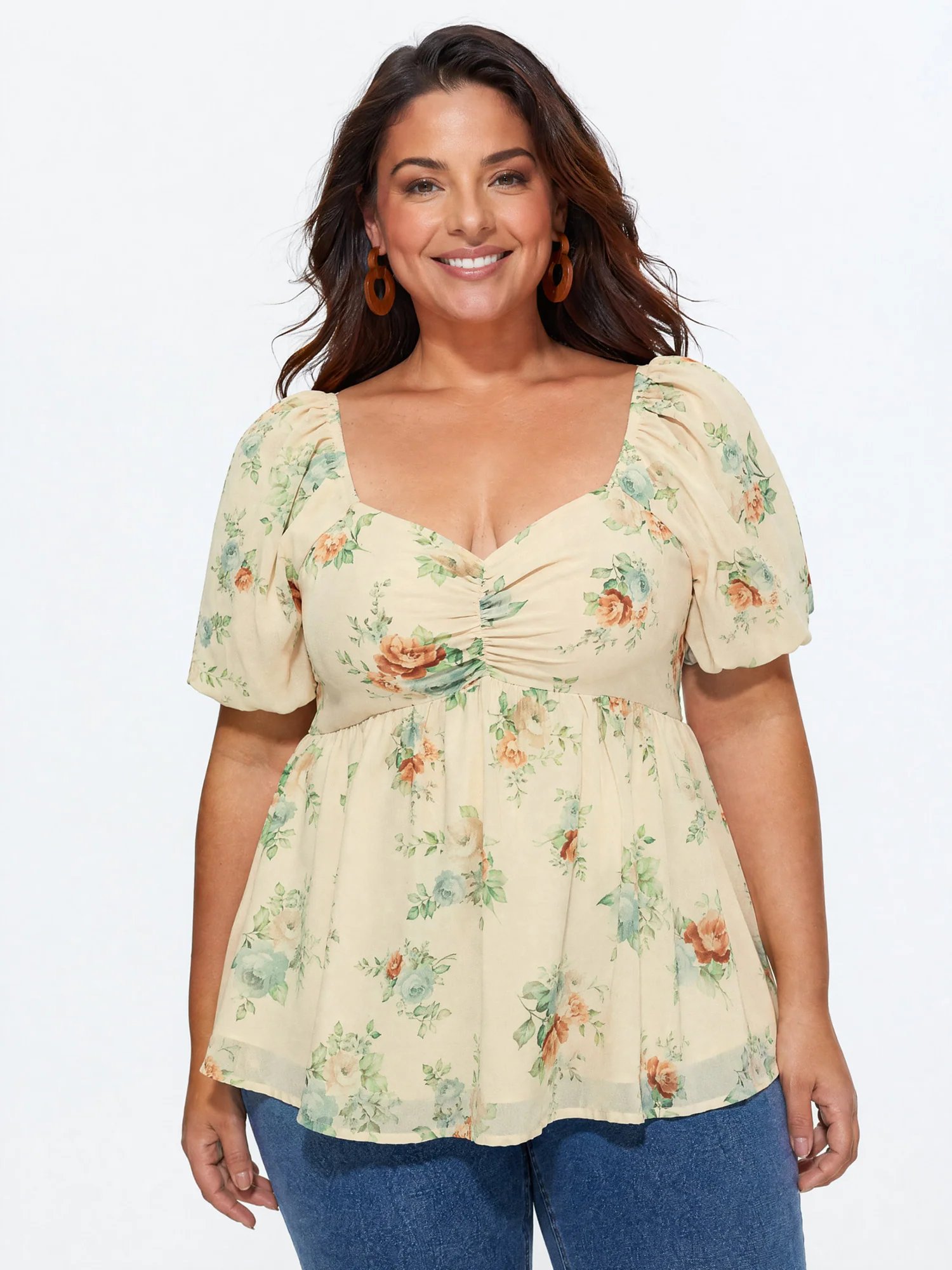 Floral Print Ruched Shirred Back Blouse