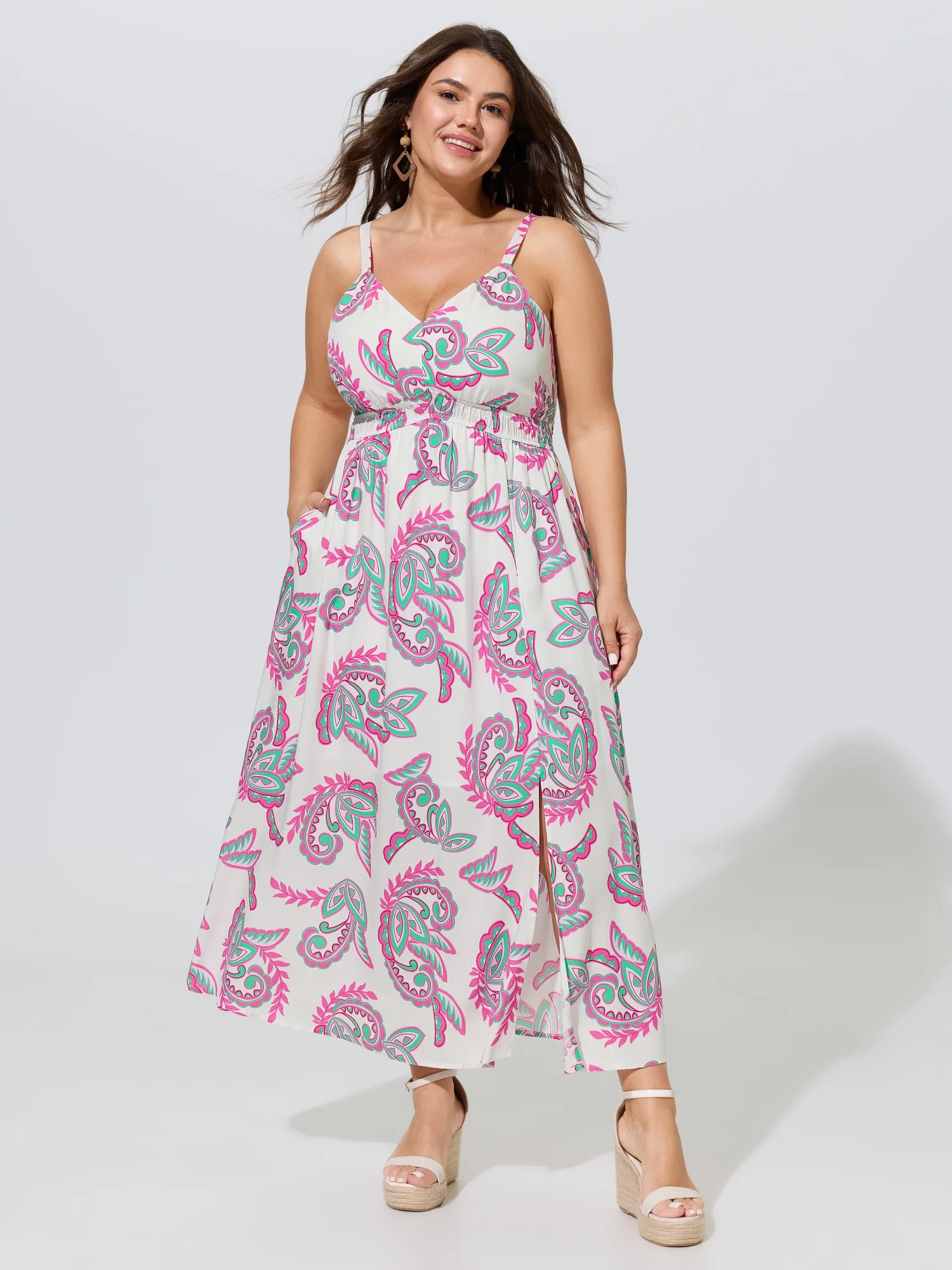 Supersoft Paisley Print Shirred Waist Adjustable Strap Midi Dress