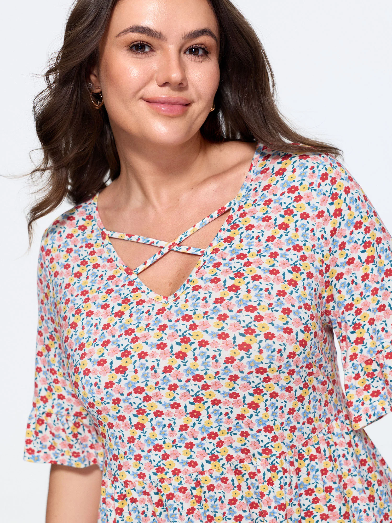 Supersoft Stretchy Floral Print Cut-Out Jersey Top