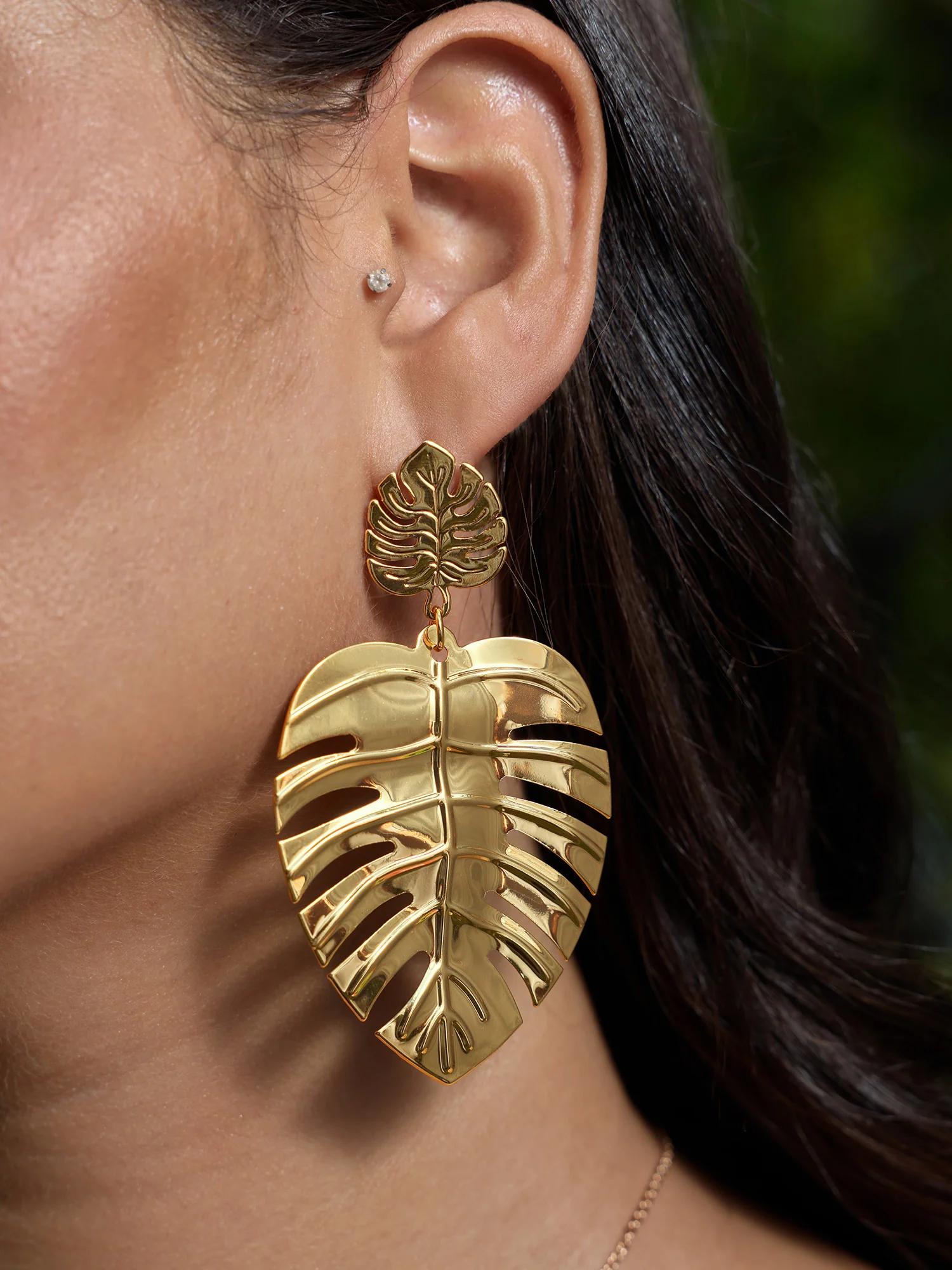 Tropical Leaf Gold Tone Drop Earrings