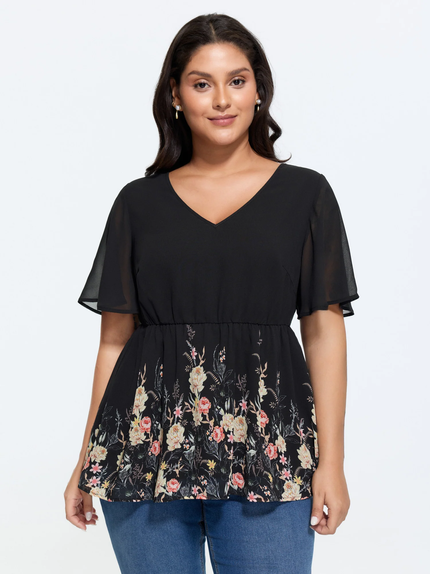 Floral Mesh V-Neck Fit And Flare Top