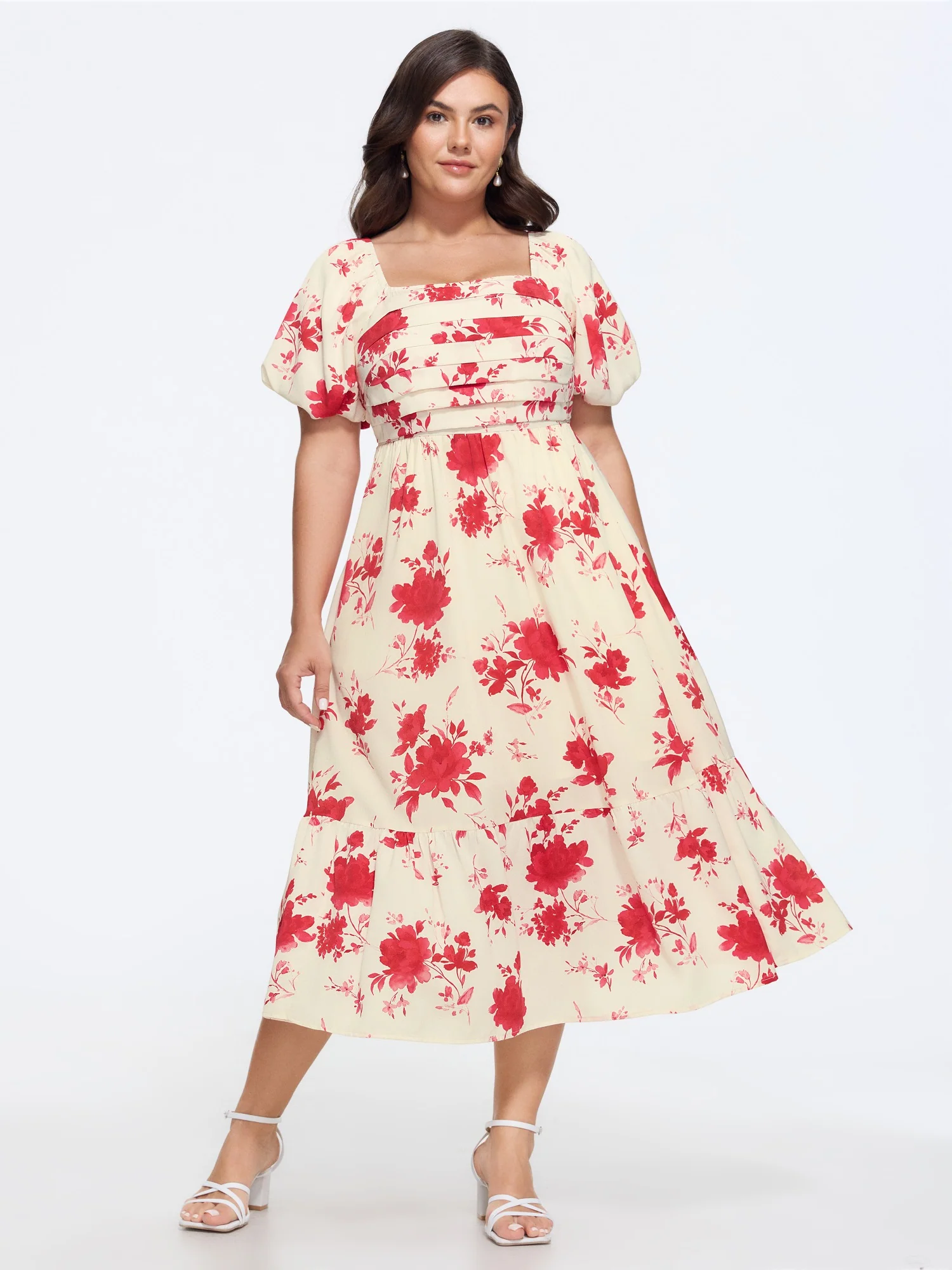 Floral Print Puff Sleeve Ruched Tiered Midi Dress