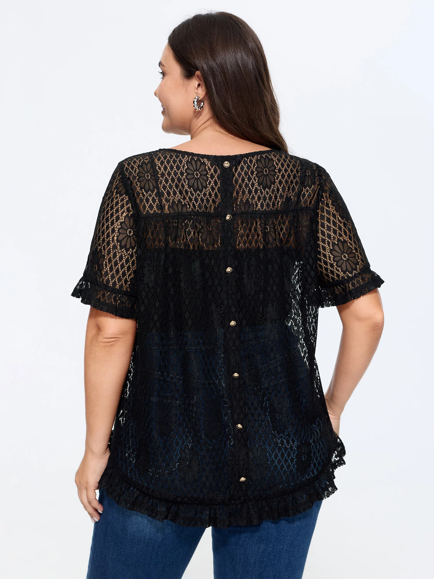 Solid Lace Hollow Back Button Ruffle Sleeve Top