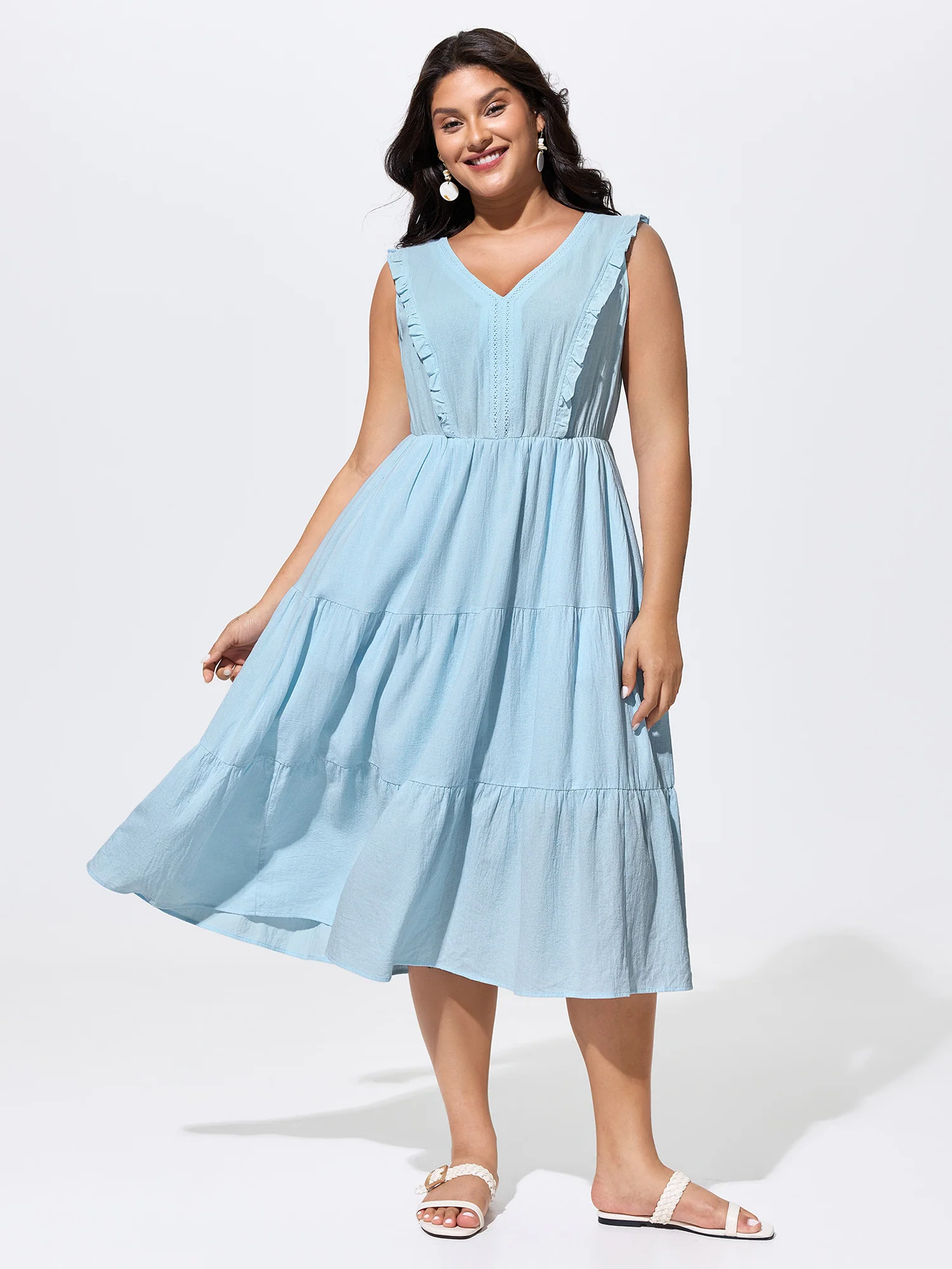 Cotton Ruffled Edge V-Neck Sleeveless Midi Dress