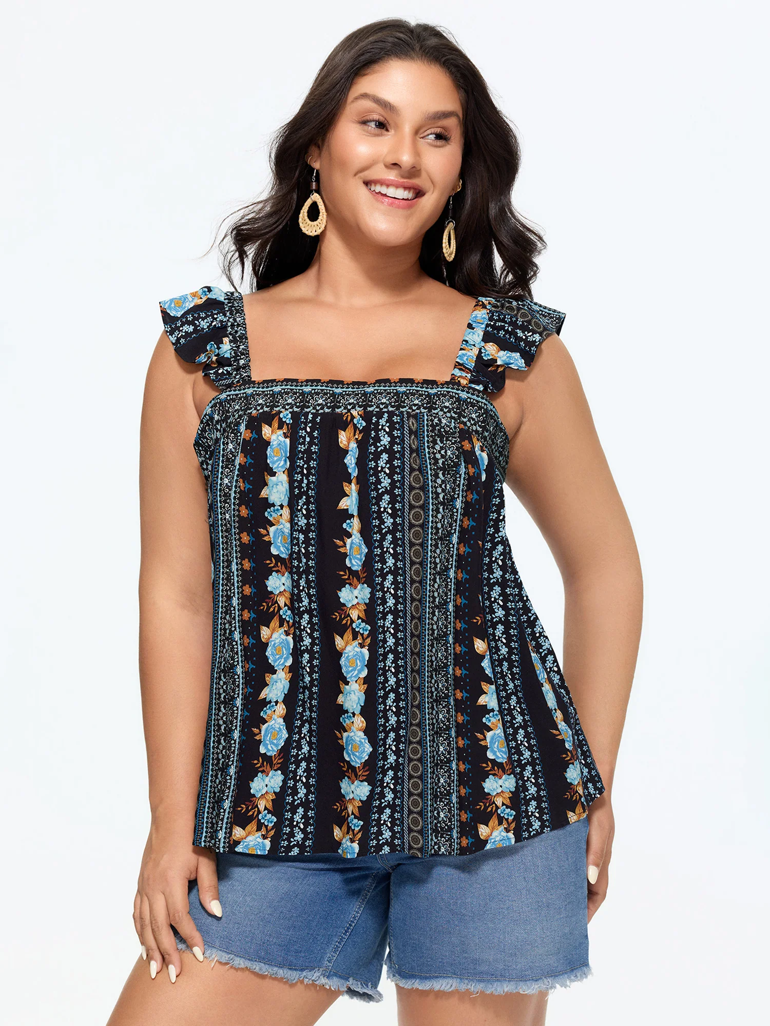 Floral Print Ruffled Straps Tank Top