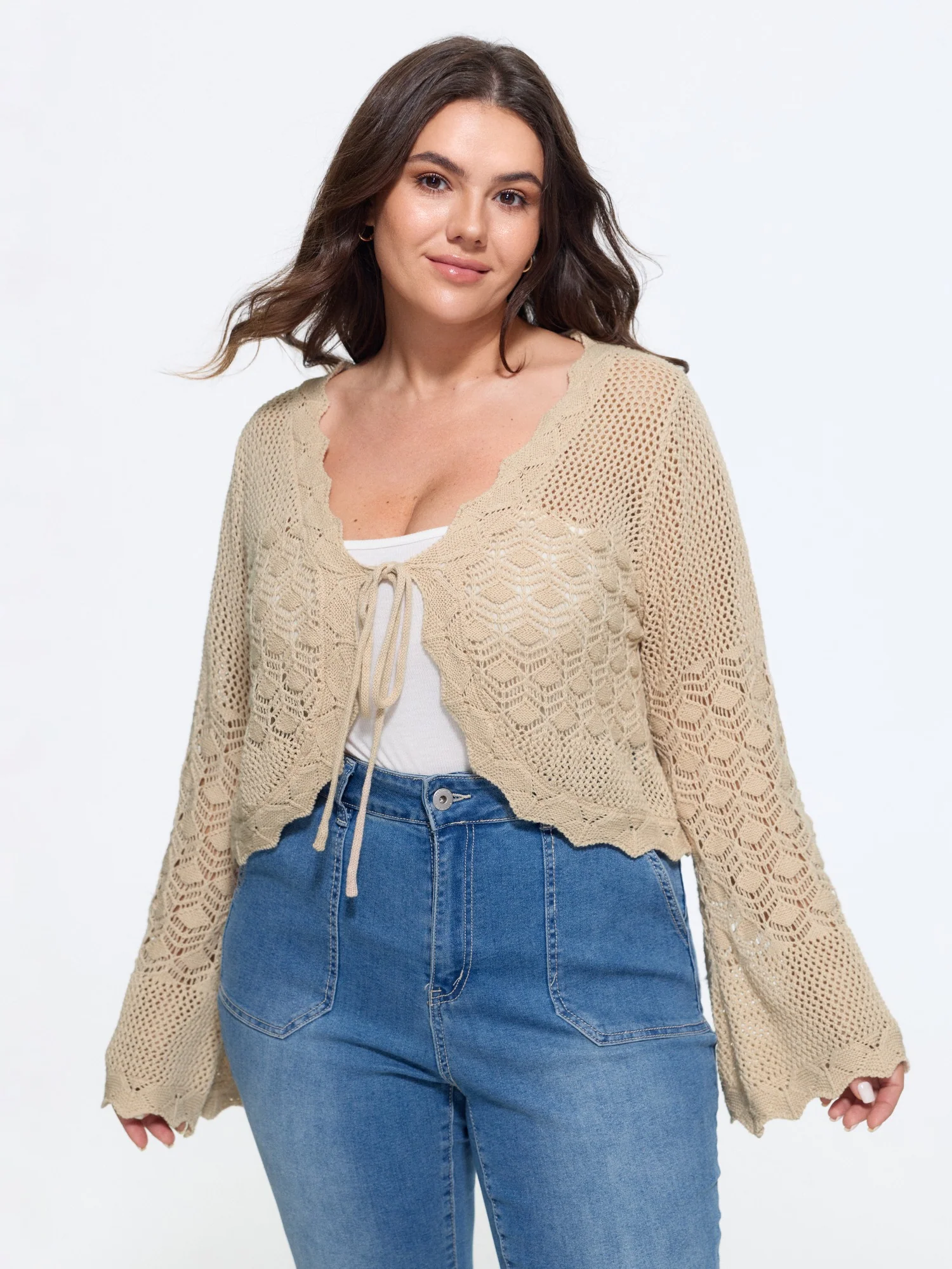 Scallop Trim Drawstring Flare Sleeve Hollow Cardigan