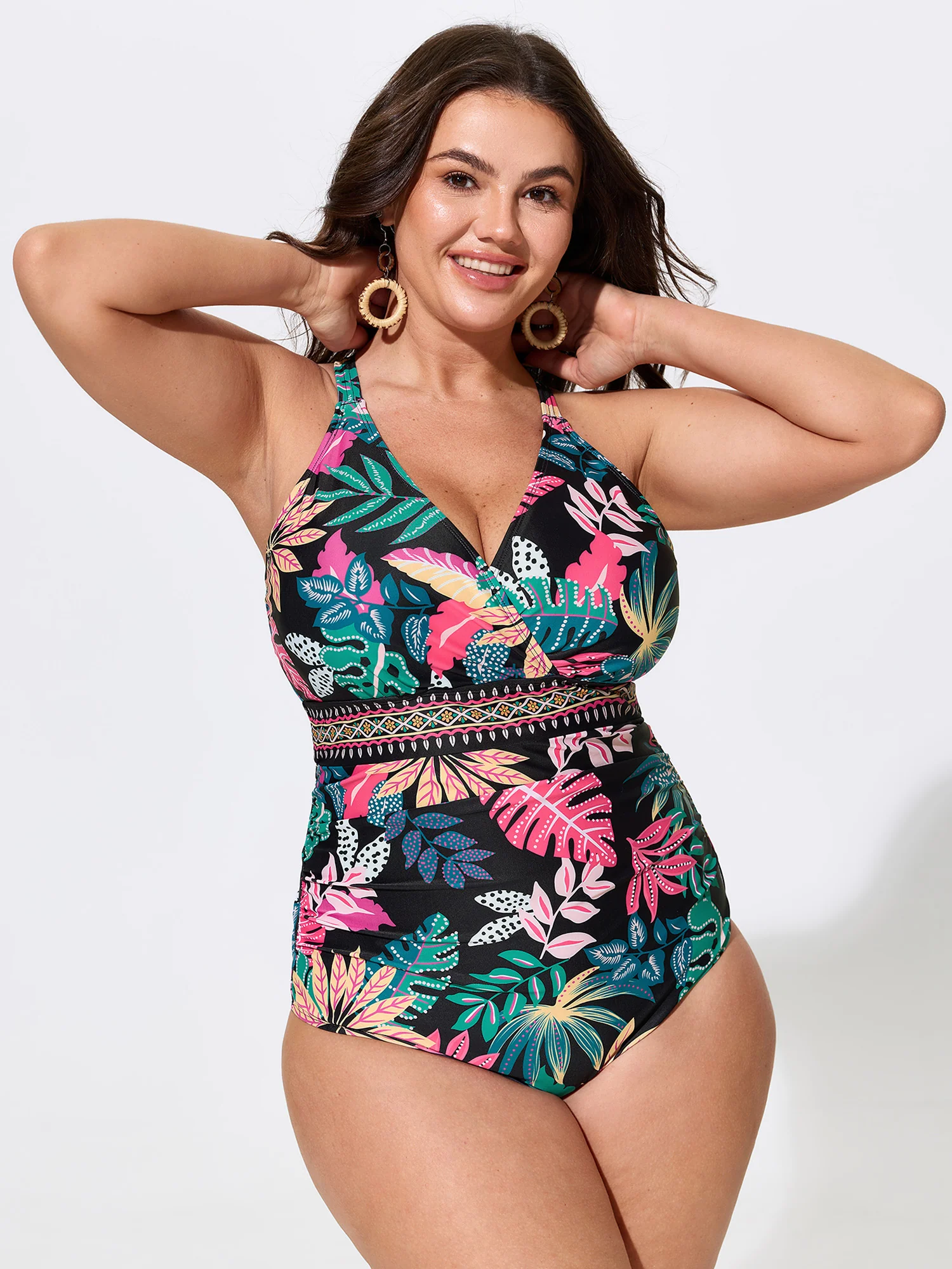Sarong Set Tropical Print Mesh One Piece Swim
