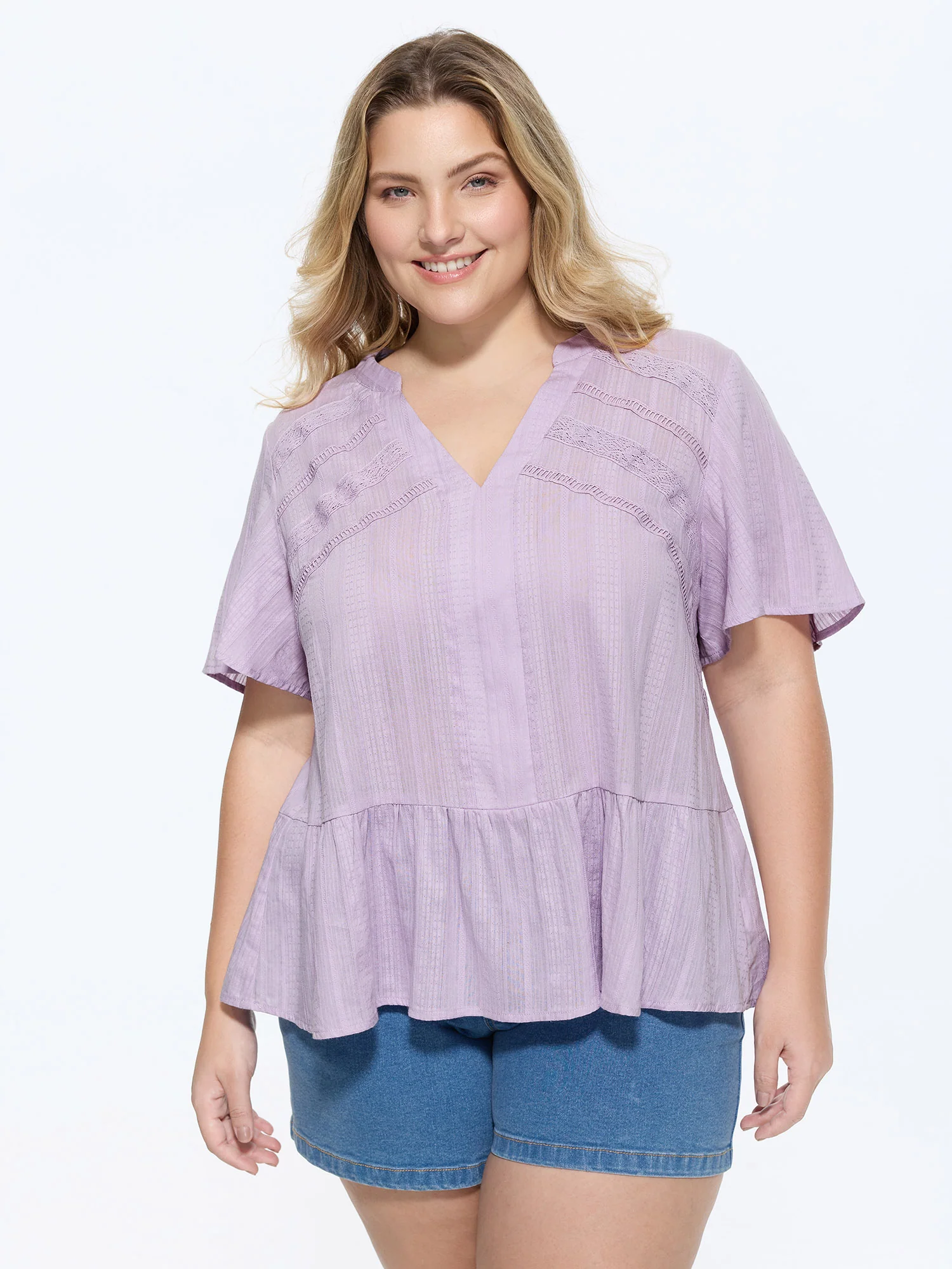 Cotton Lace Trim Textured Ruffled Hem Knit Top