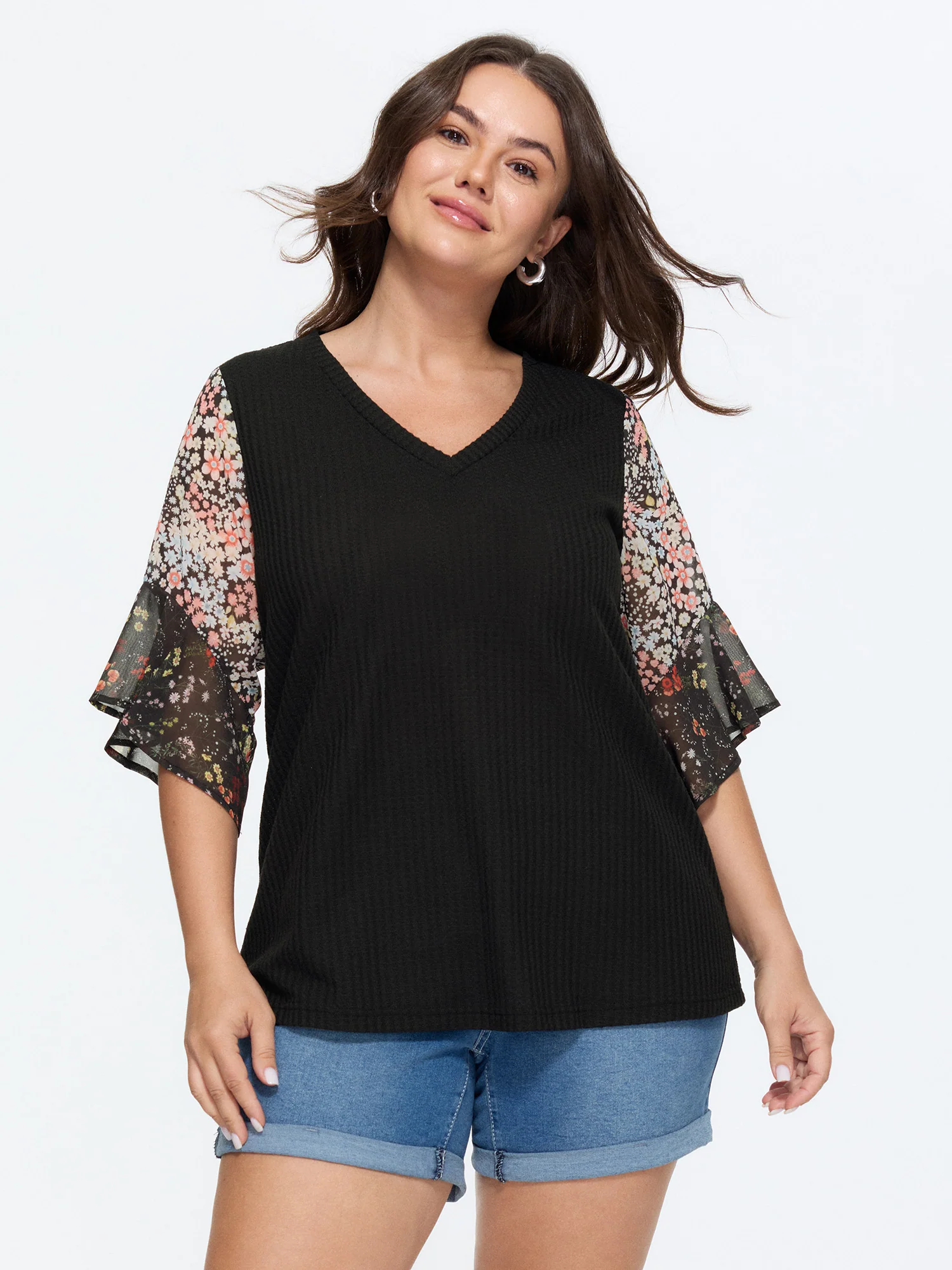 Stretchy Floral Print Ruffled Knit Top