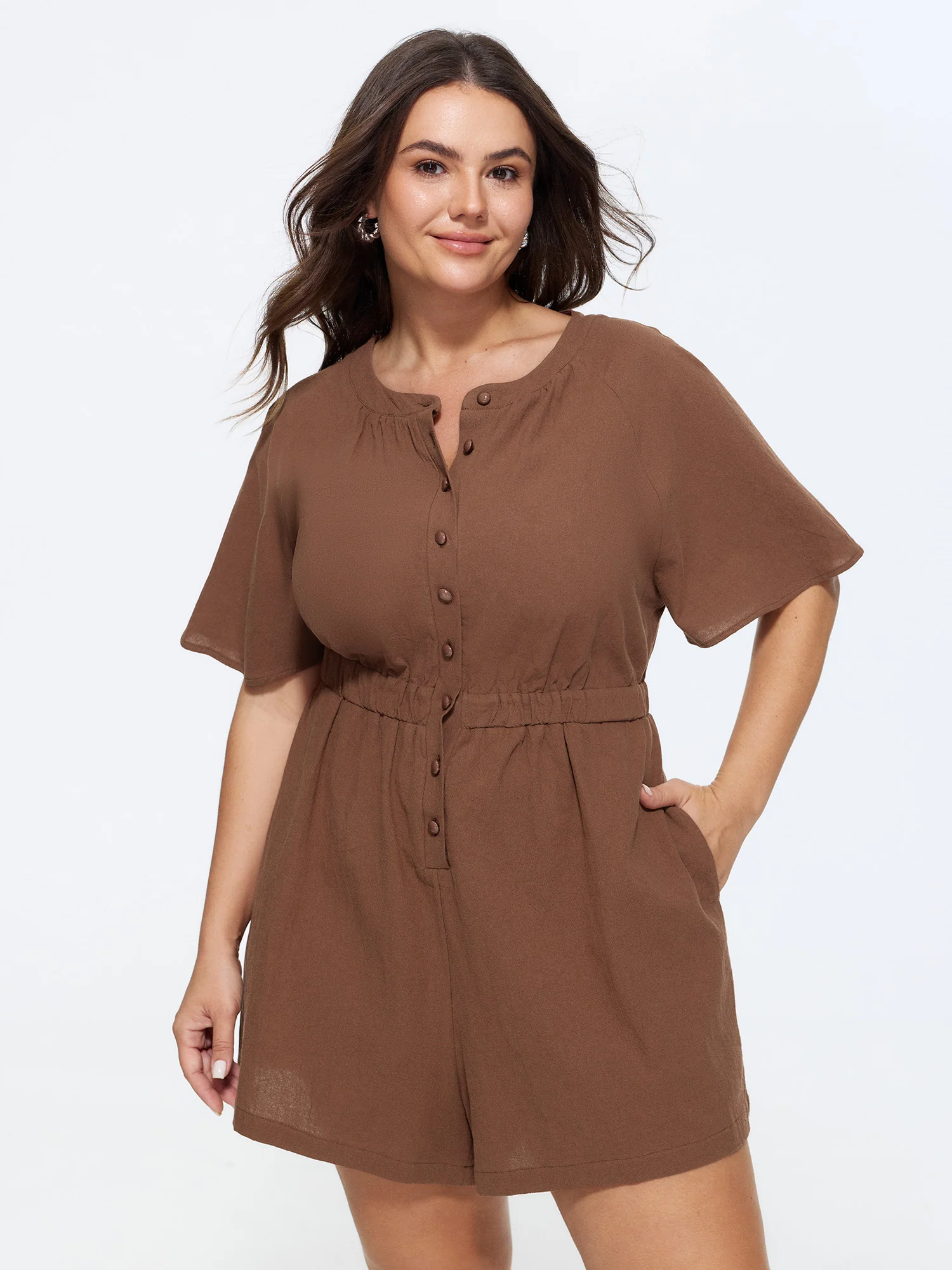 Cotton Split Neckline Pockets Romper